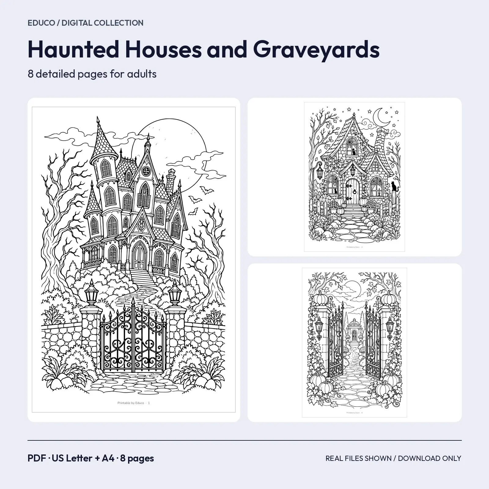 Haunted Houses and Moonlit Graveyards Adult Coloring Pages – 8 Detailed Printable Pages, preview 1 of 3