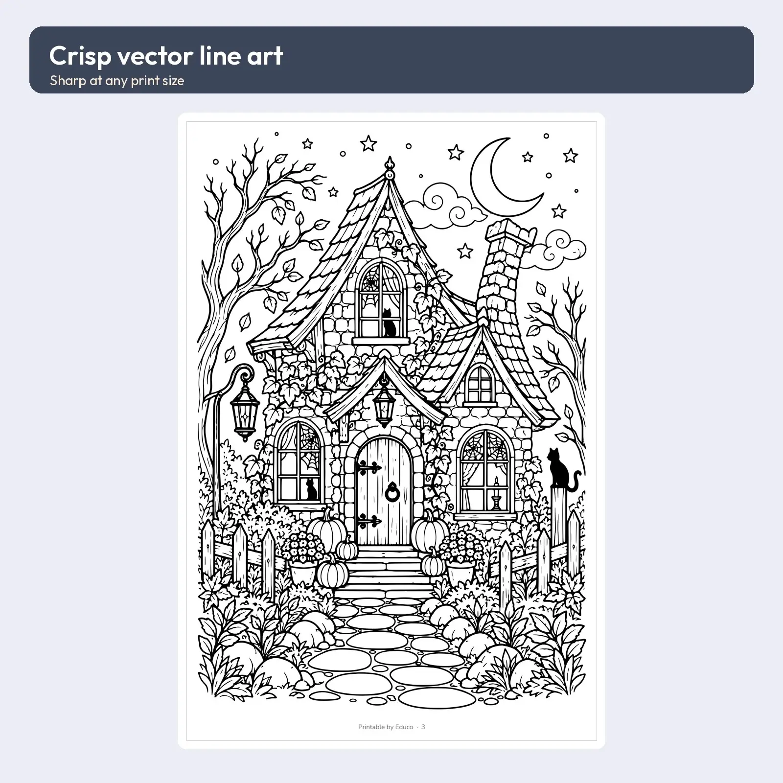 Haunted Houses and Moonlit Graveyards Adult Coloring Pages – 8 Detailed Printable Pages, preview 3 of 3