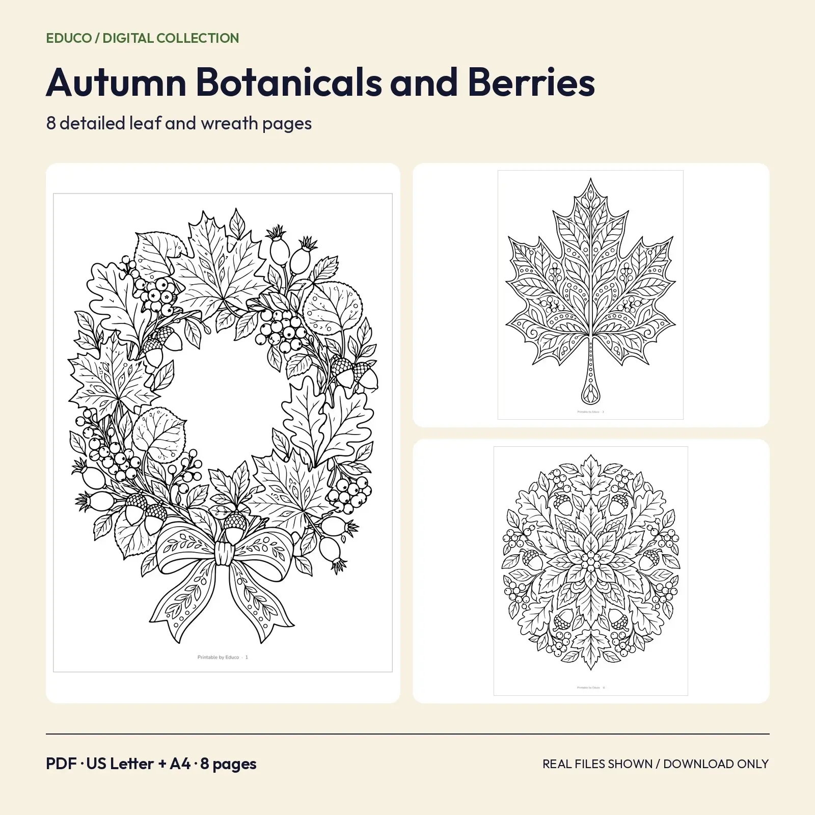 Autumn Botanicals and Berries Coloring Pages – 8 Detailed Leaf and Wreath Designs preview