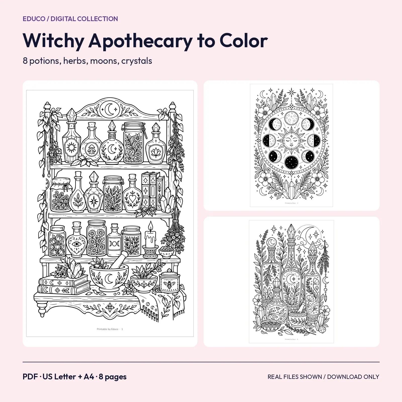 Witchy Apothecary Coloring Pages – 8 Potions, Herbs, Moons and Crystals to Color preview