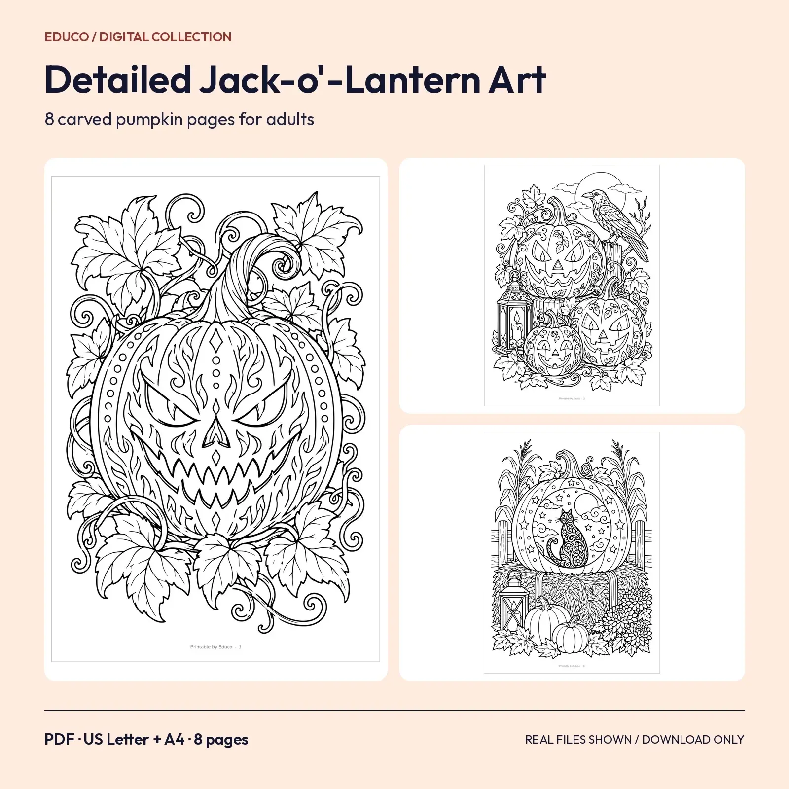Detailed Jack-o'-Lantern Coloring Pages for Adults – 8 Carved Pumpkin Designs preview