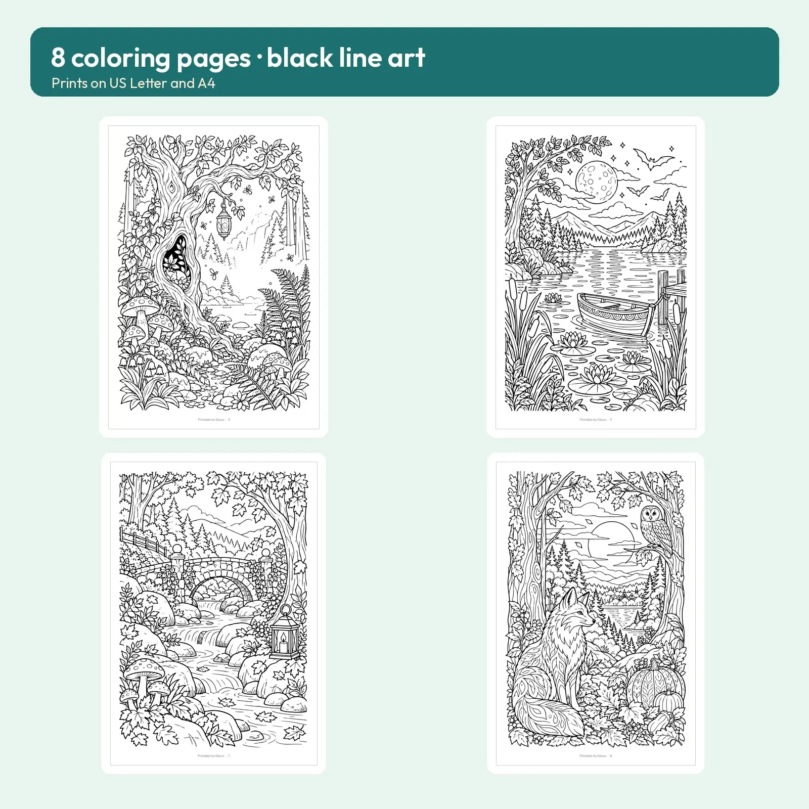 Spooky Forest Landscapes Coloring Pages – 8 Moody Woodland Scenes for Adults, preview 2 of 3
