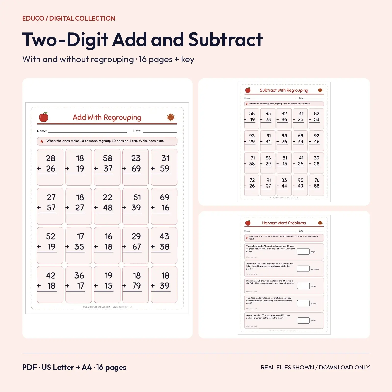 Two-Digit Addition and Subtraction With Regrouping Worksheets for Grade 2 – 16 Fall Pages with Answer Key preview