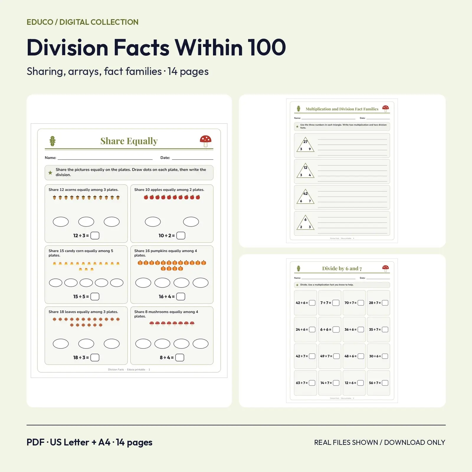 Division Facts Within 100 Worksheets with Equal Sharing and Fact Families – 14 Fall Pages for Grade 3 preview