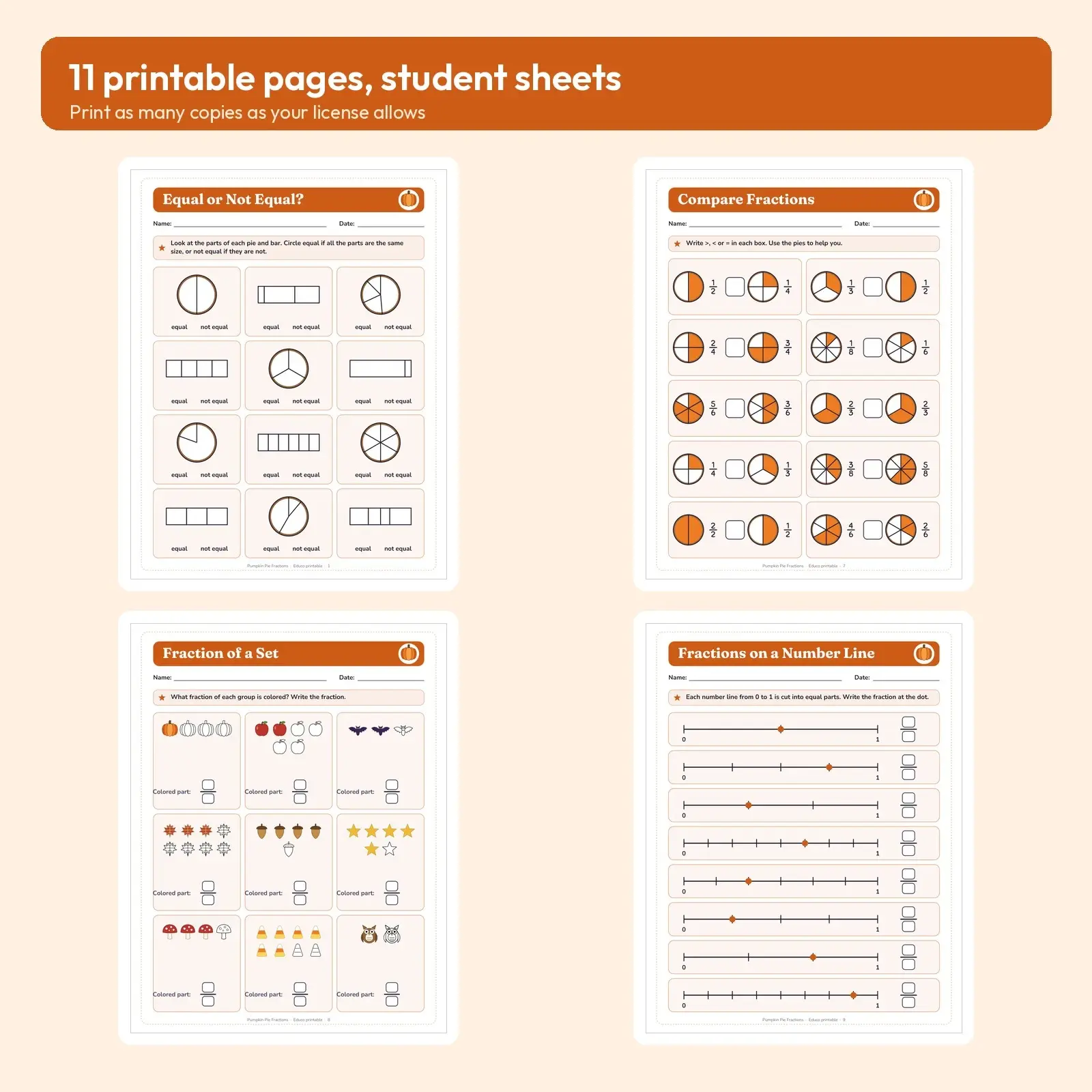 Pumpkin Pie Fractions Worksheets: Halves, Thirds, Fourths, Sixths and Eighths – 11 Printable Pages, Grades 2-3, preview 2 of 3