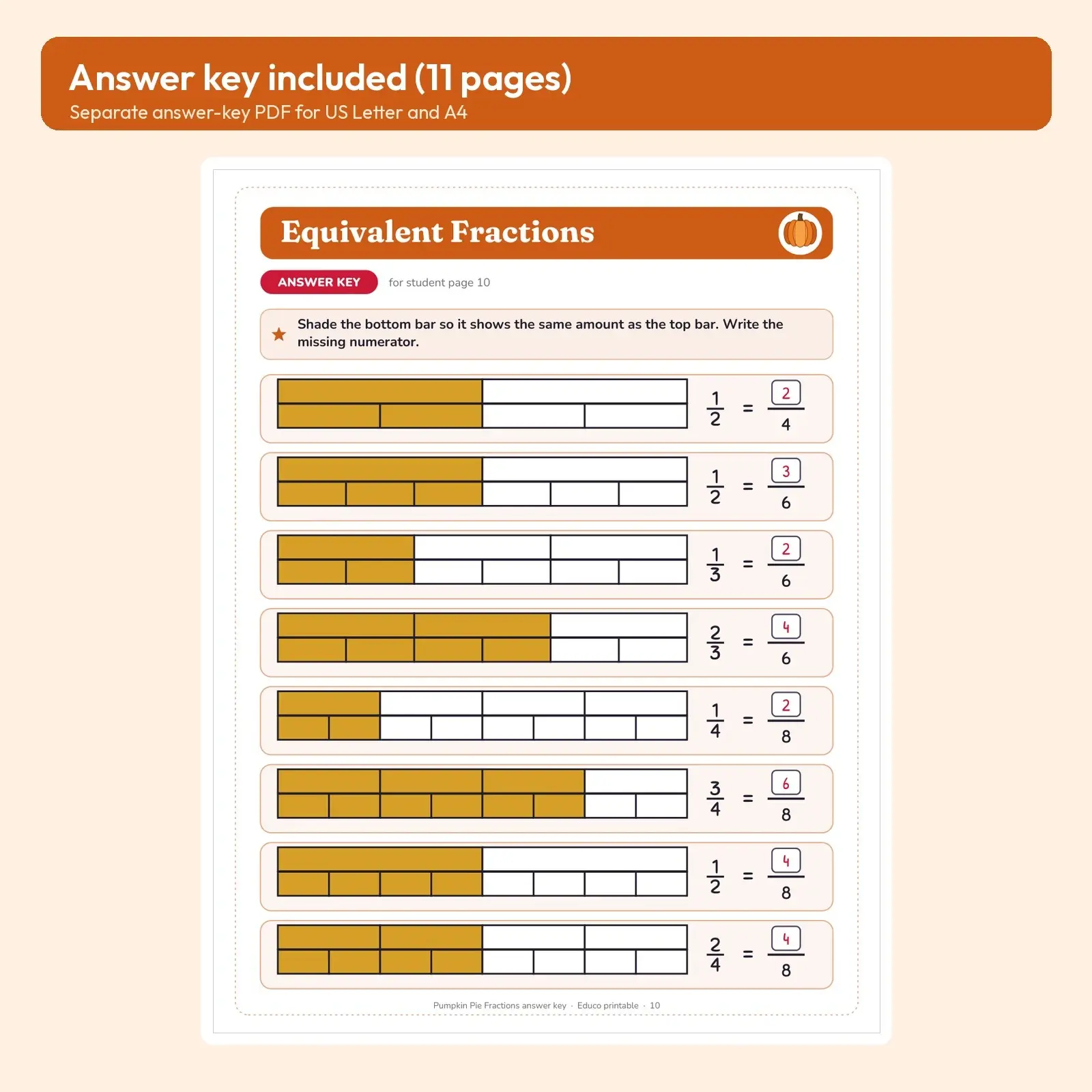 Pumpkin Pie Fractions Worksheets: Halves, Thirds, Fourths, Sixths and Eighths – 11 Printable Pages, Grades 2-3, preview 3 of 3