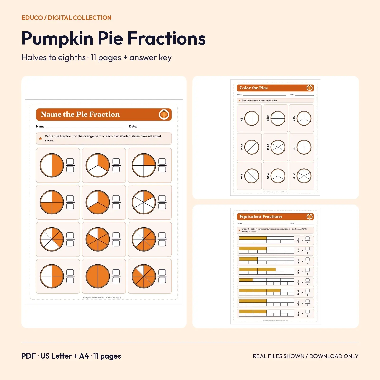 Pumpkin Pie Fractions Worksheets: Halves, Thirds, Fourths, Sixths and Eighths – 11 Printable Pages, Grades 2-3, preview 1 of 3