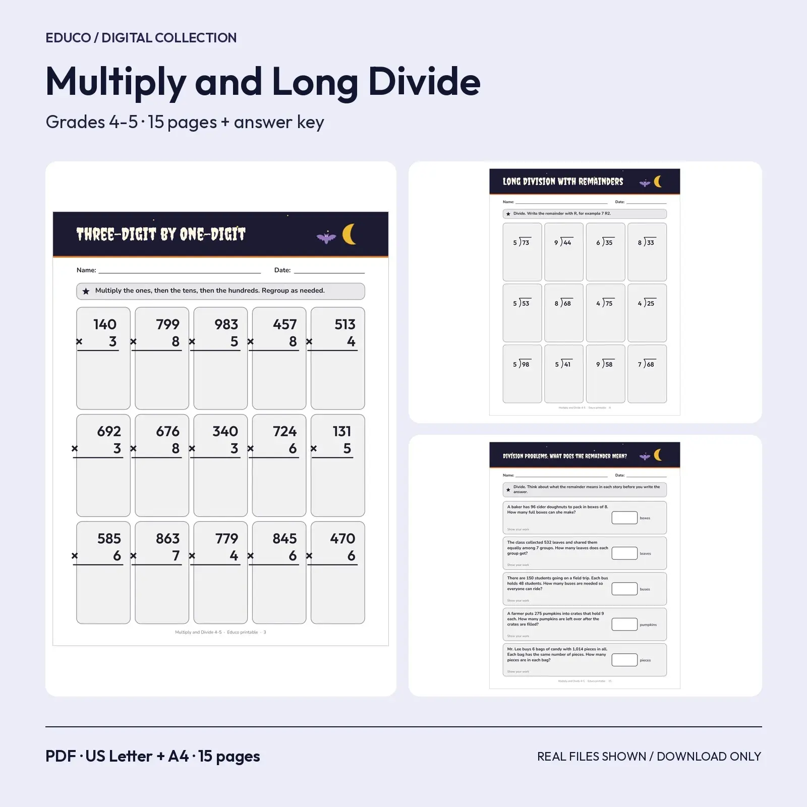 Multi-Digit Multiplication and Long Division Worksheets for Grades 4-5 – 15 Halloween Night Pages with Answer Key preview