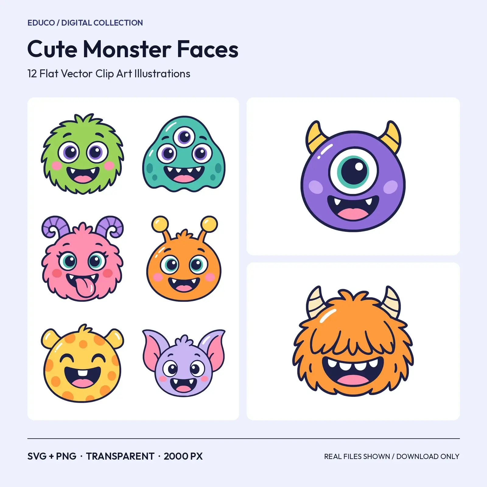 Cute Monster Faces Clip Art – 12 Flat Vector Silly Monster Heads preview