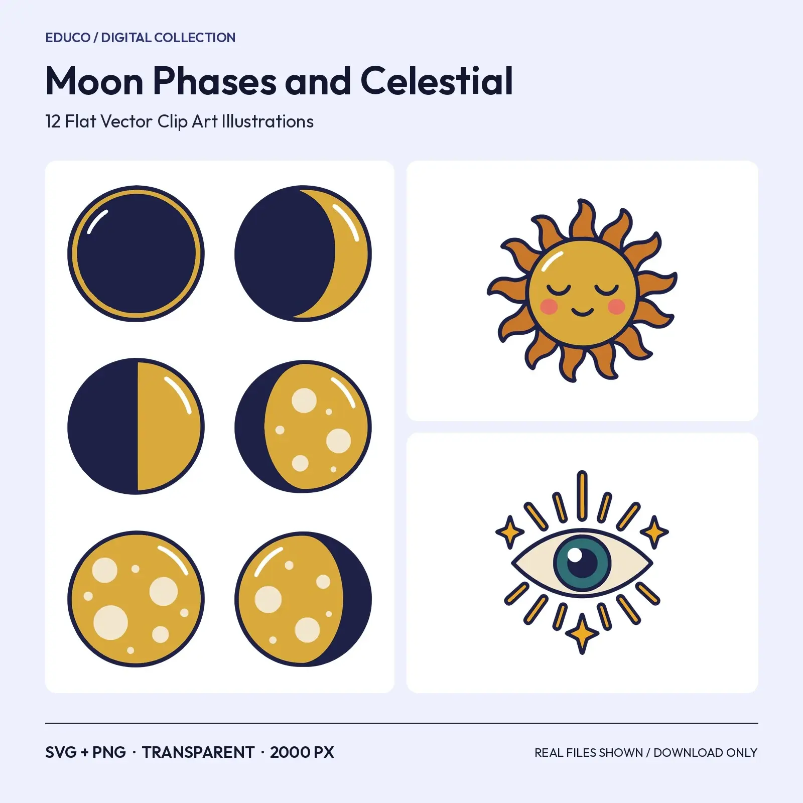 Moon Phases and Celestial Clip Art – 12 Flat Vector Mystic Sky Elements preview