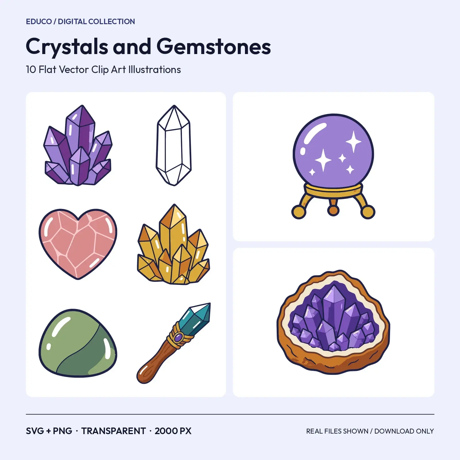Crystal and Gemstone Clip Art – 10 Flat Vector Mystic Stones preview