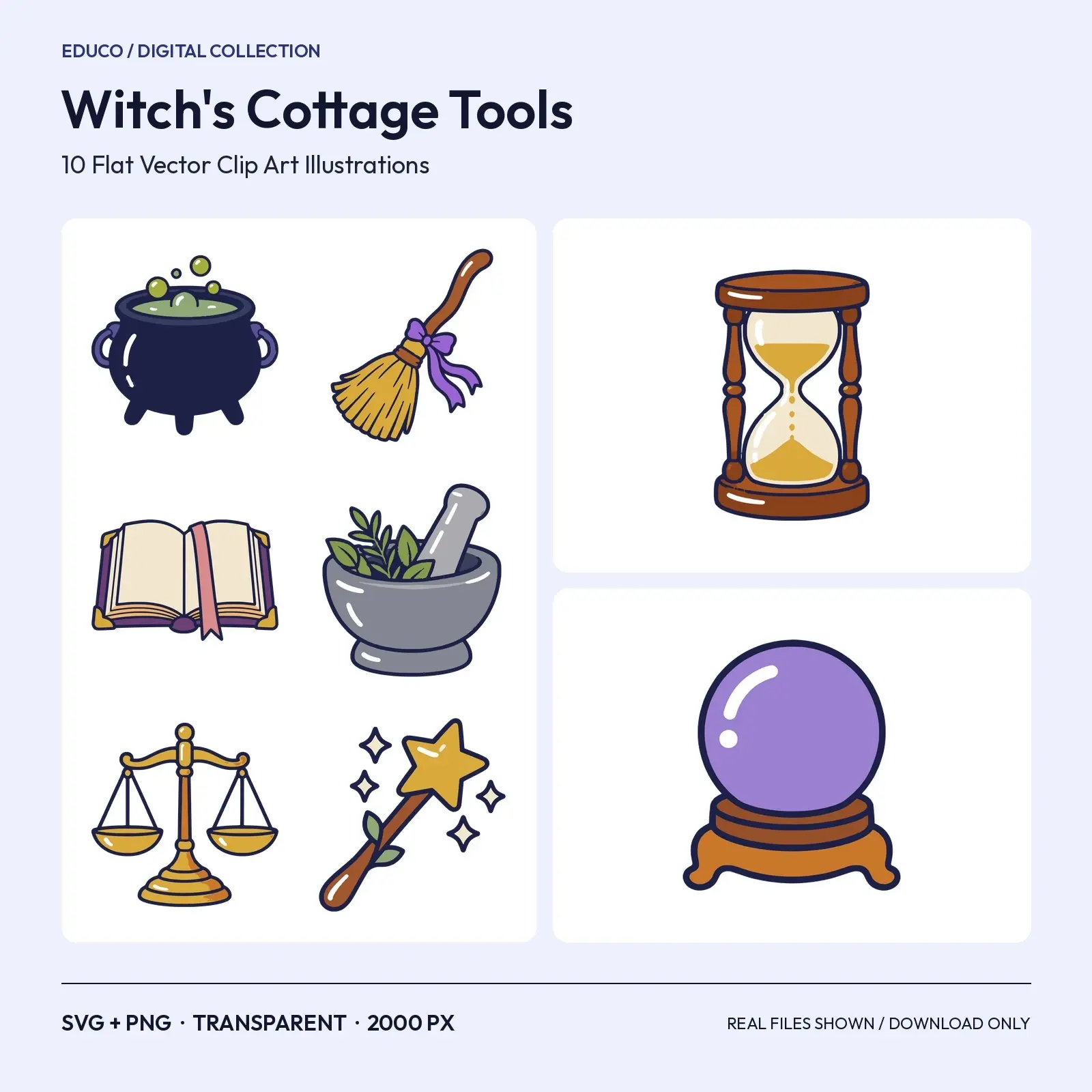 Witch's Cottage Tools Clip Art – 10 Flat Vector Magic Kit Items preview