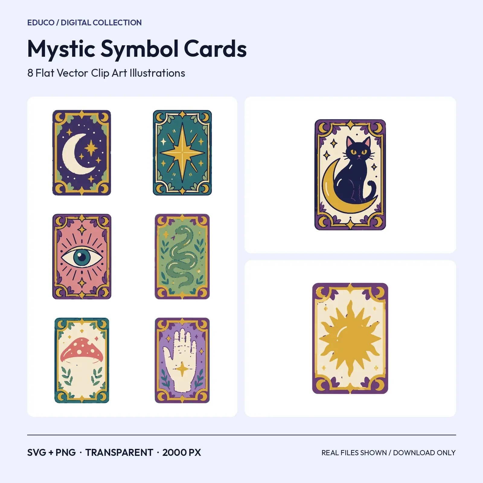 Mystic Symbol Cards Clip Art – 8 Flat Vector Original Oracle-Style Cards preview