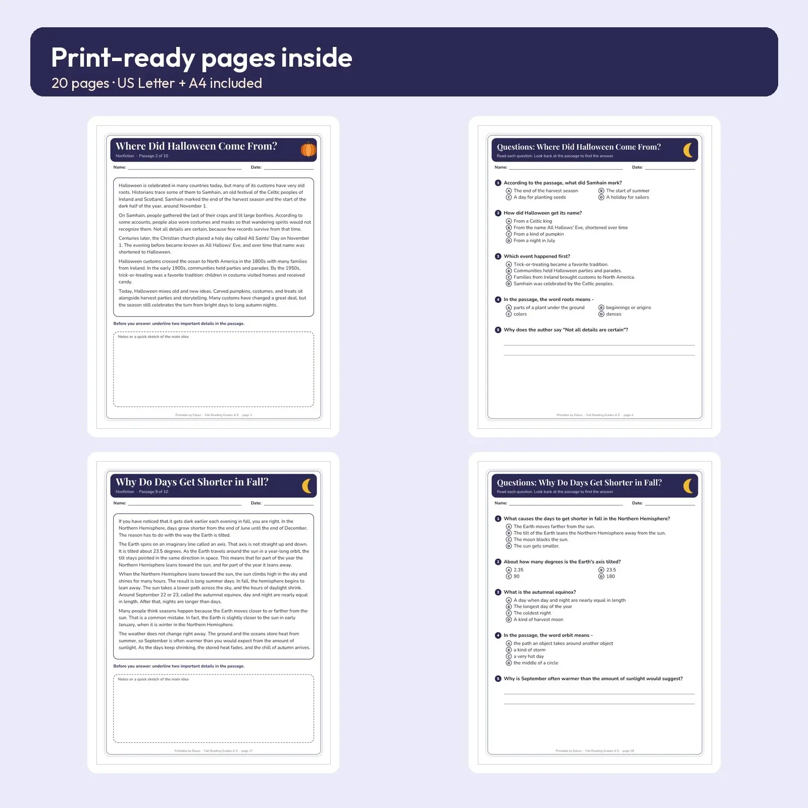 Autumn Reading Comprehension for Grades 4-5 - 10 Nonfiction and Fiction Passages, 20 Pages with Evidence Answer Key, preview 2 of 3