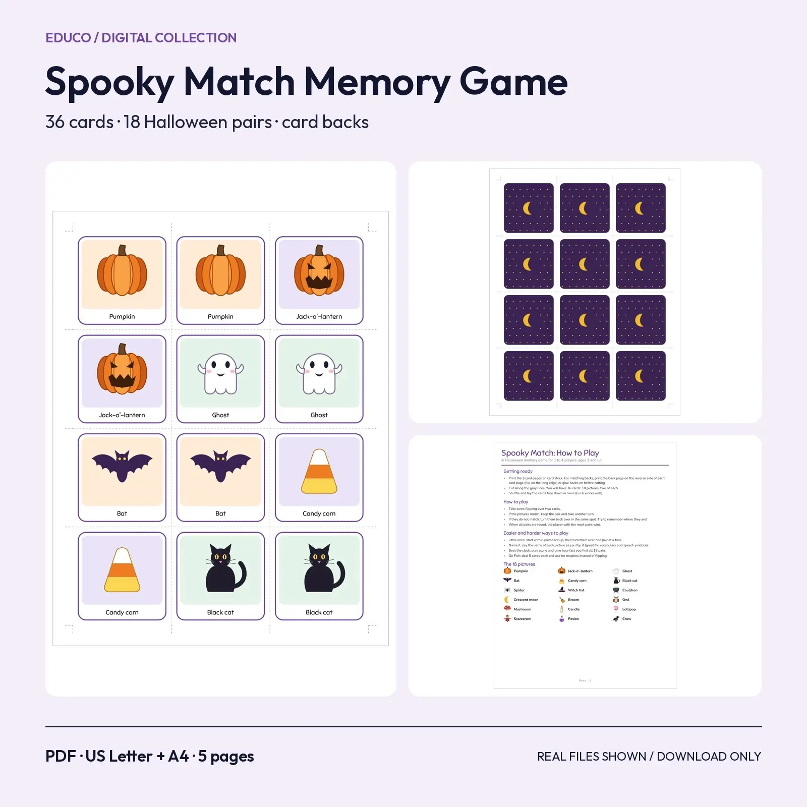 Spooky Match Halloween Memory Game - 36 Printable Picture Cards with Matching Backs preview