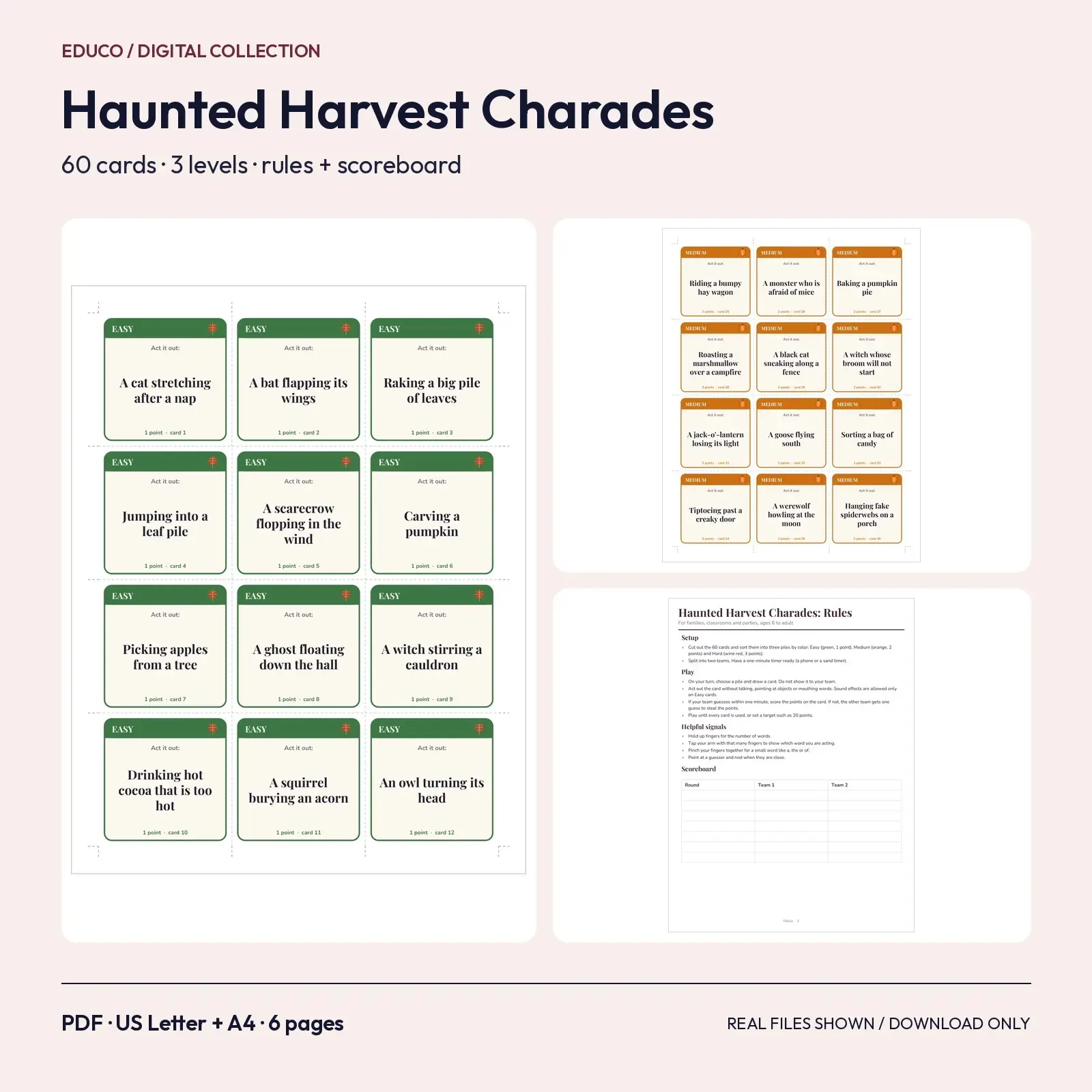 Haunted Harvest Charades - 60 Printable Halloween Acting Cards in 3 Levels with Scoreboard preview