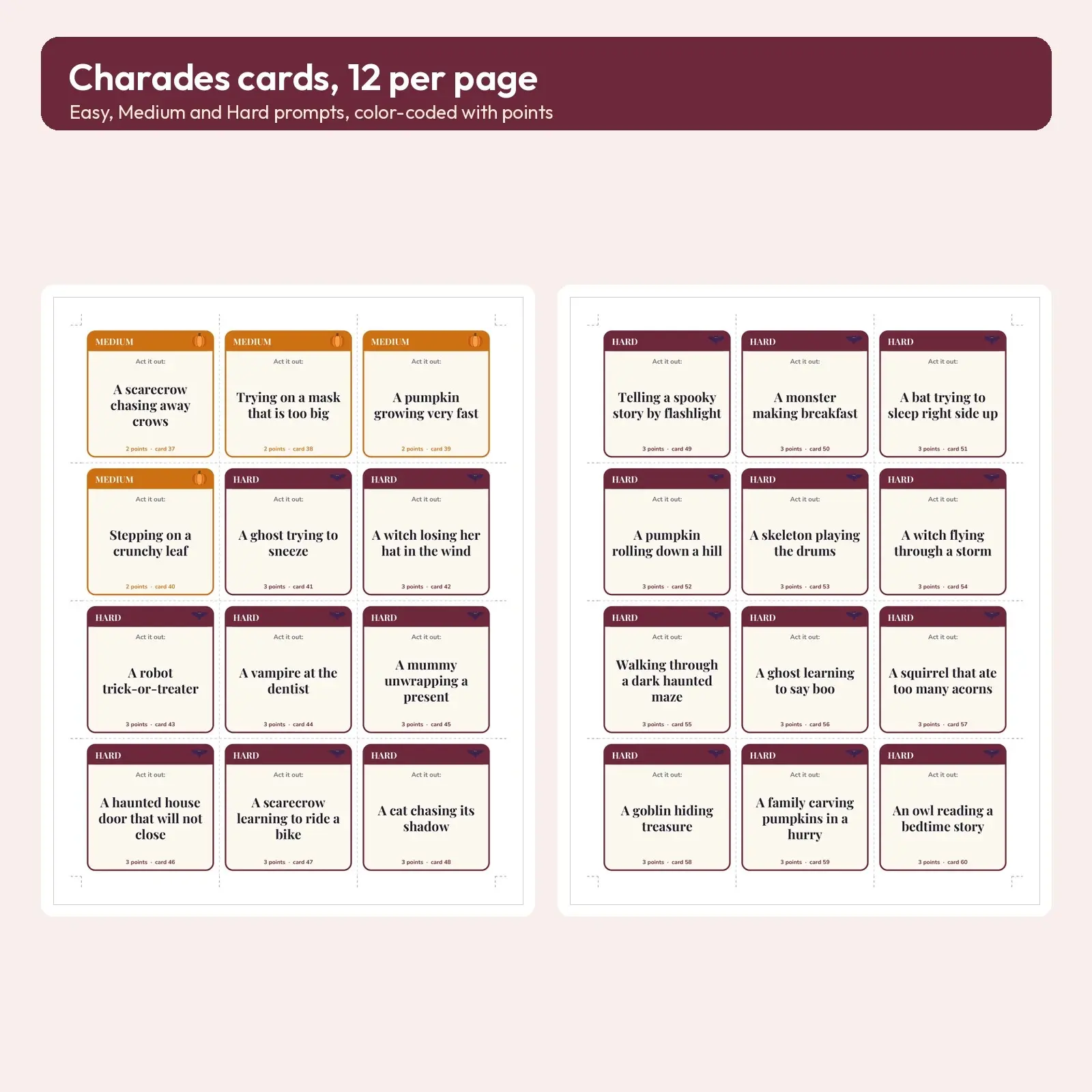 Haunted Harvest Charades - 60 Printable Halloween Acting Cards in 3 Levels with Scoreboard, preview 2 of 2