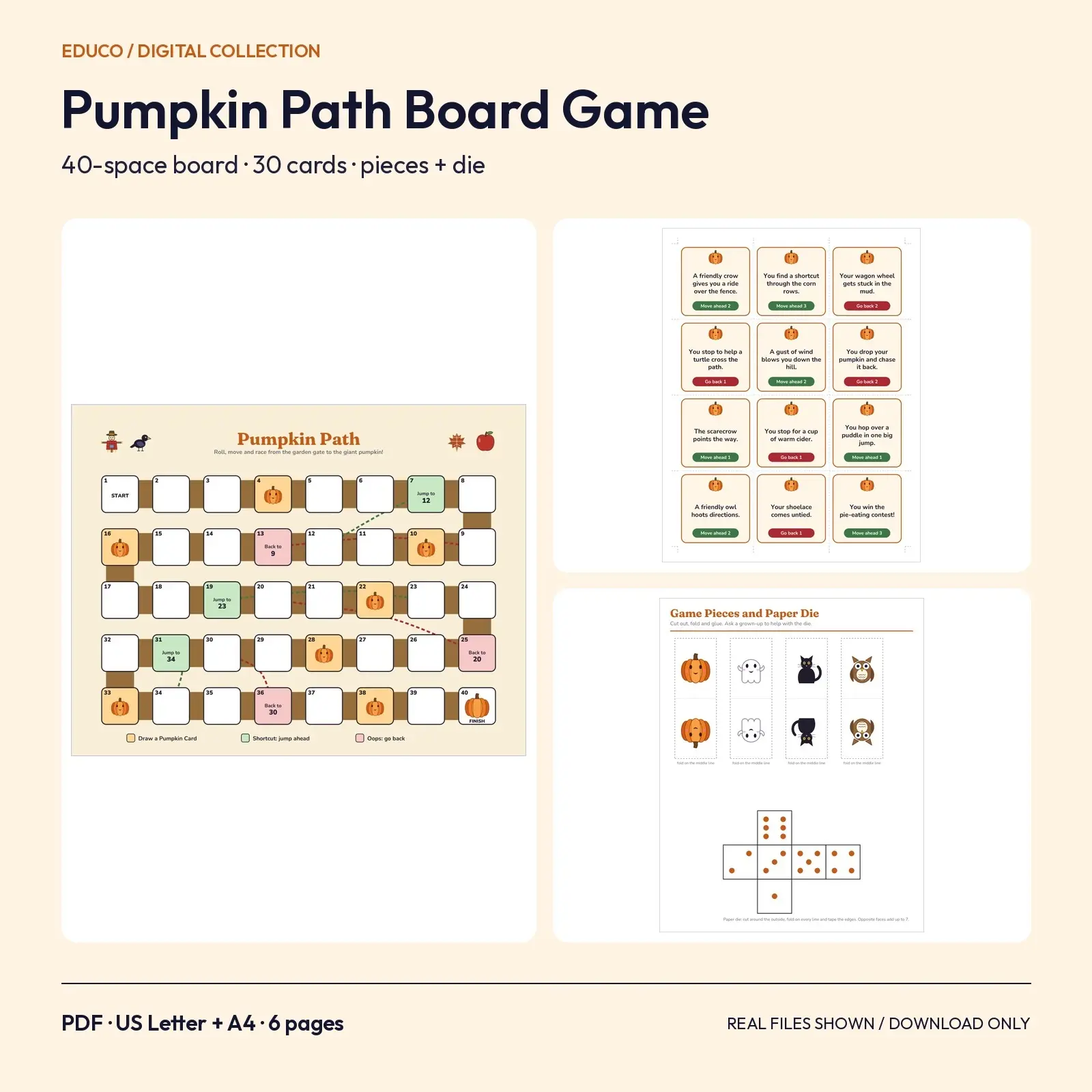 Pumpkin Path Printable Fall Board Game - 40-Space Board, 30 Action Cards, Game Pieces and Paper Die preview