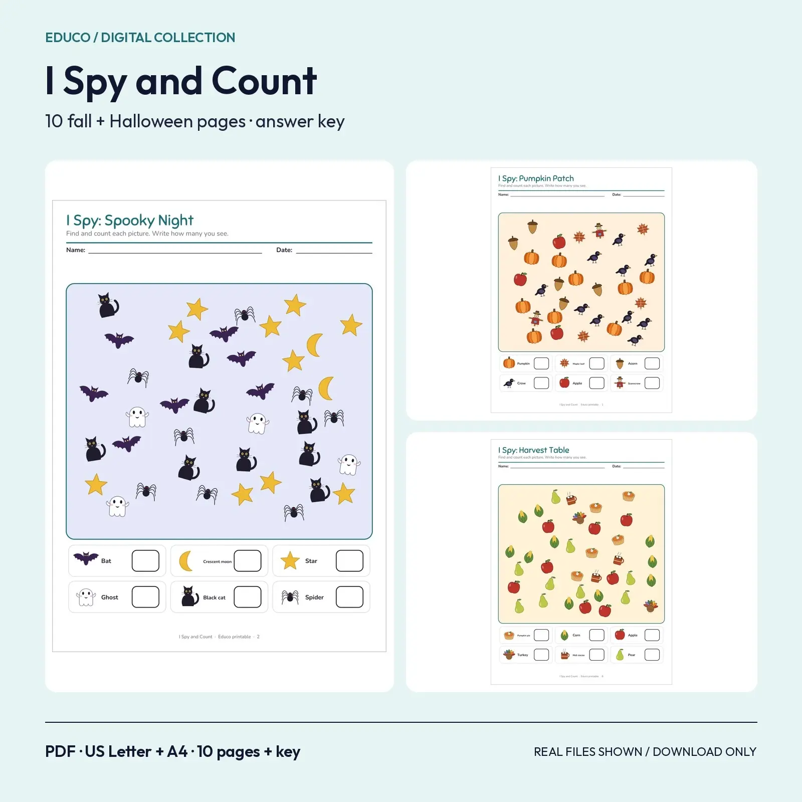 Halloween and Fall I Spy and Count - 10 Printable Seek-and-Find Pages with Answer Key preview