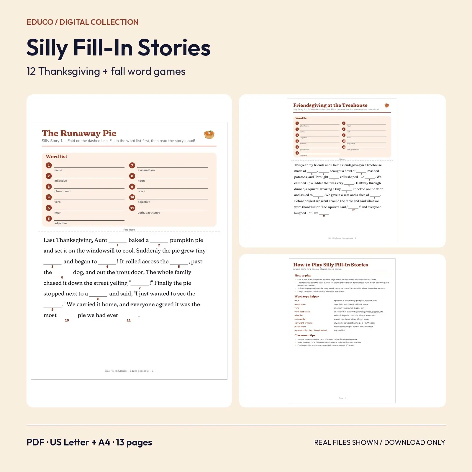 Thanksgiving Silly Fill-In Stories - 12 Printable Word Games for the Kids Table and Classroom preview