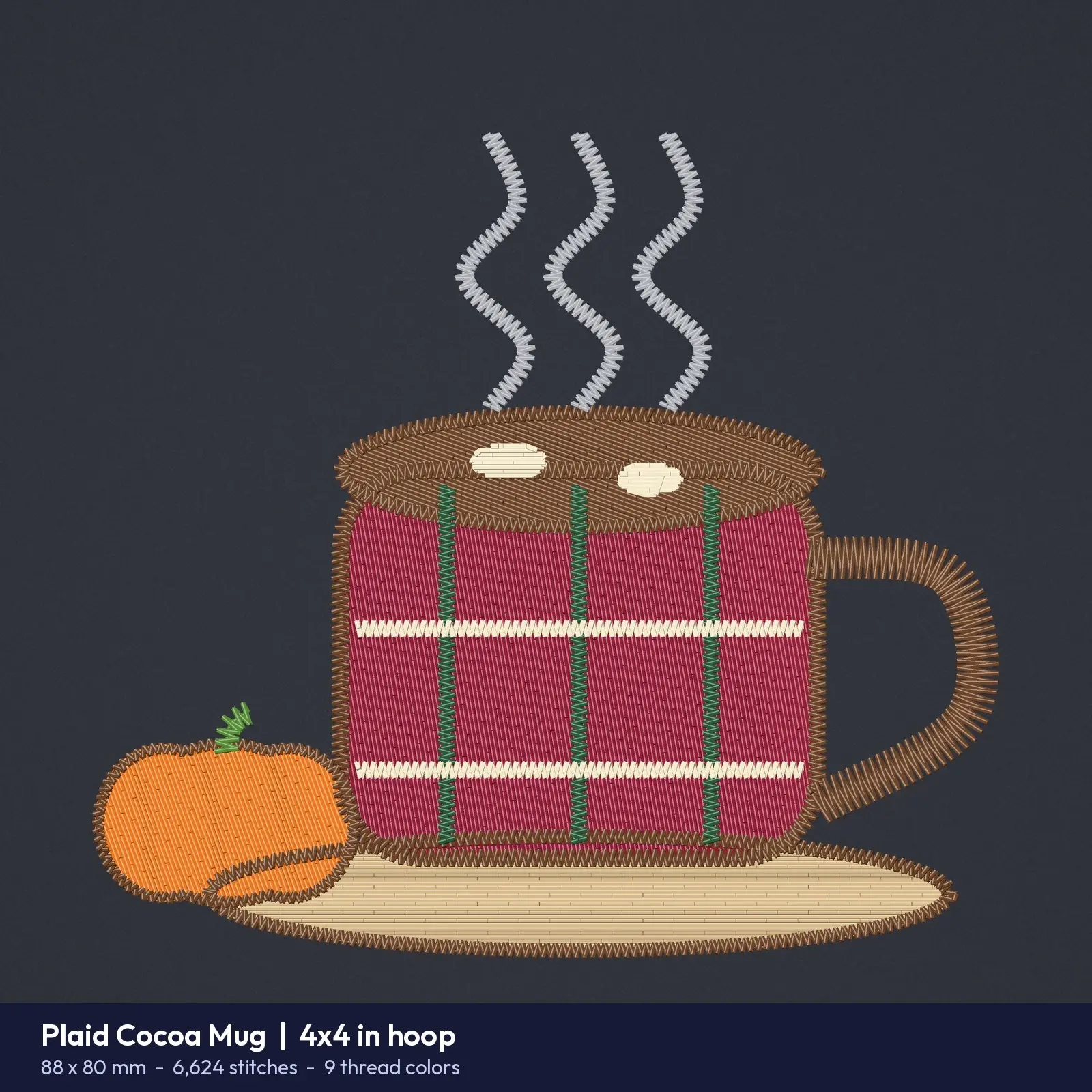 Cozy Fall Trio Machine Embroidery Designs - Plaid Cocoa Mug, Autumn Tree and Pumpkin Wagon, 4x4 and 5x7 Hoop, preview 2 of 4