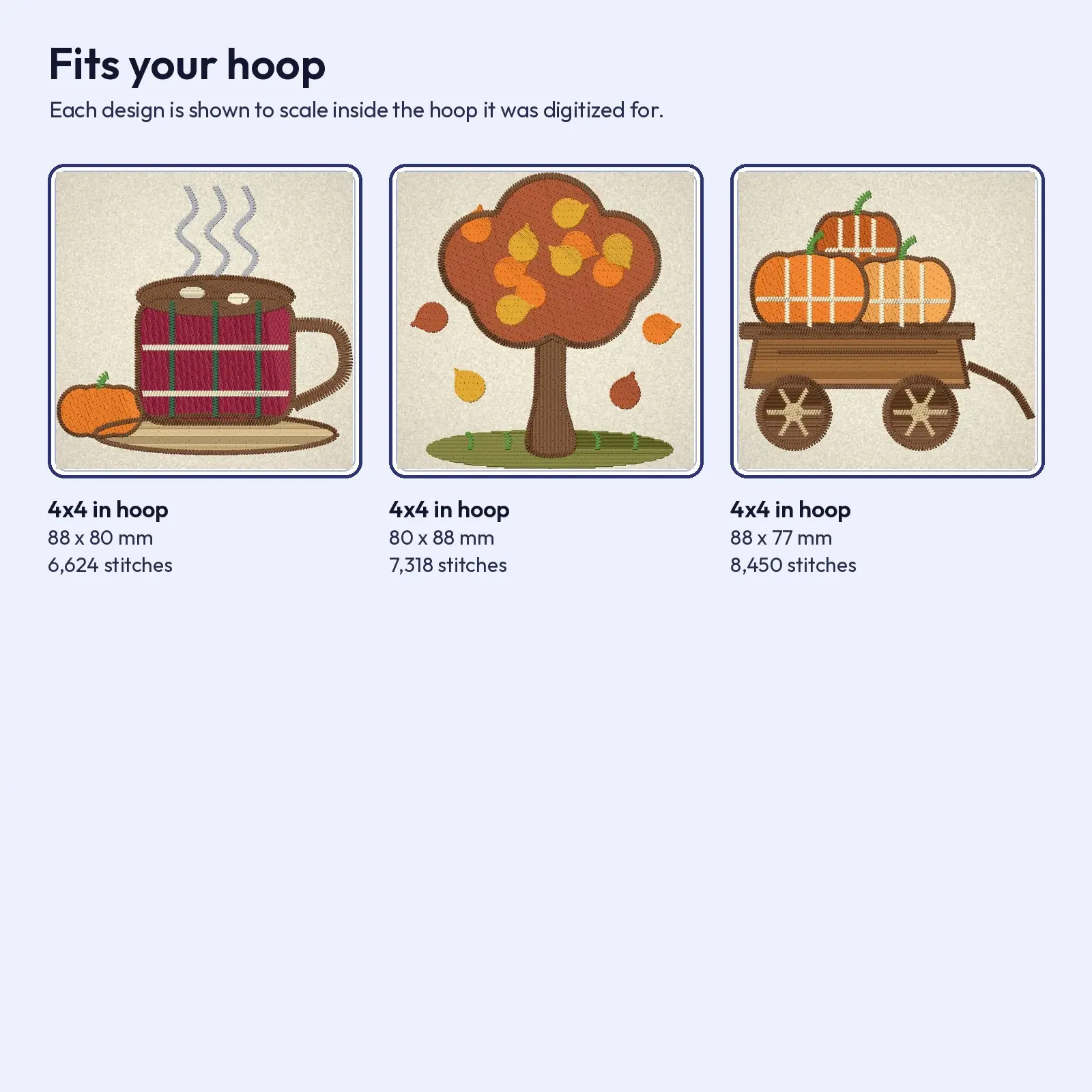 Cozy Fall Trio Machine Embroidery Designs - Plaid Cocoa Mug, Autumn Tree and Pumpkin Wagon, 4x4 and 5x7 Hoop, preview 3 of 4