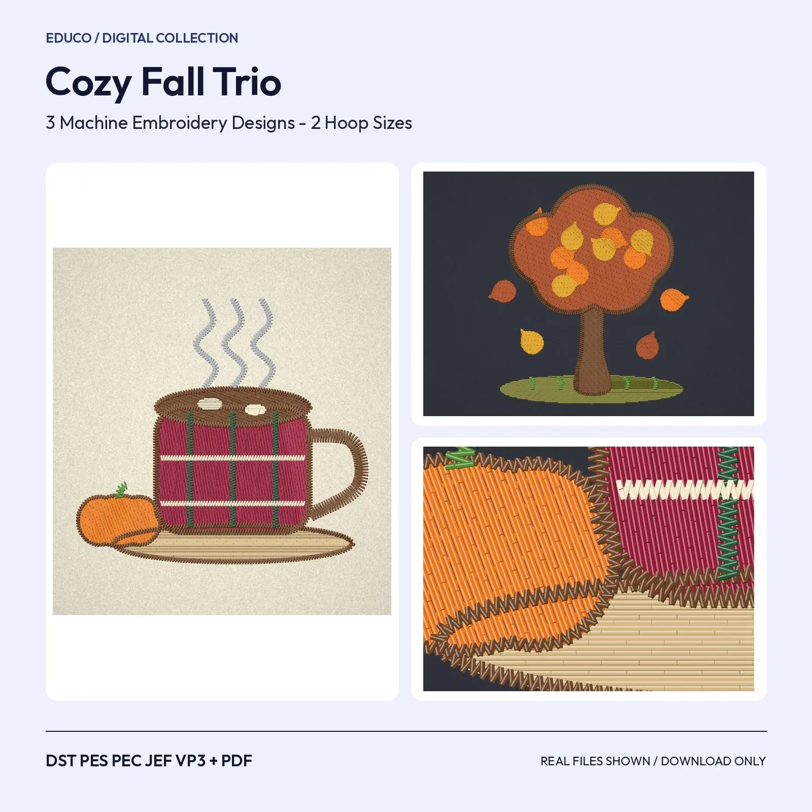 Cozy Fall Trio Machine Embroidery Designs - Plaid Cocoa Mug, Autumn Tree and Pumpkin Wagon, 4x4 and 5x7 Hoop, preview 1 of 4
