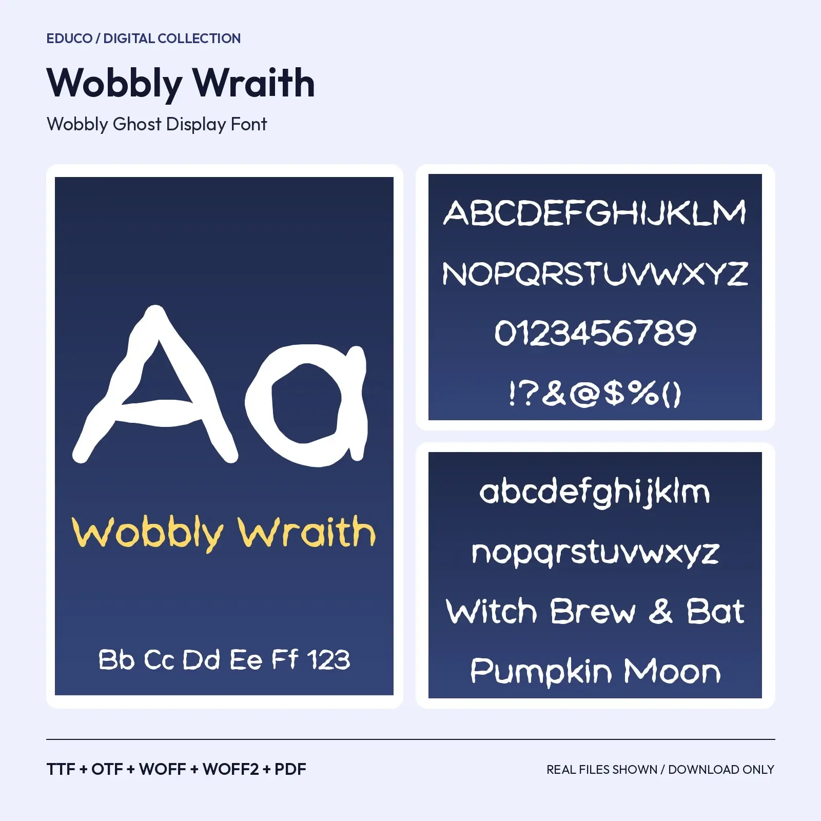 Wobbly Wraith Wobbly Ghost Font – TTF, OTF, WOFF, WOFF2 + Specimen PDF preview