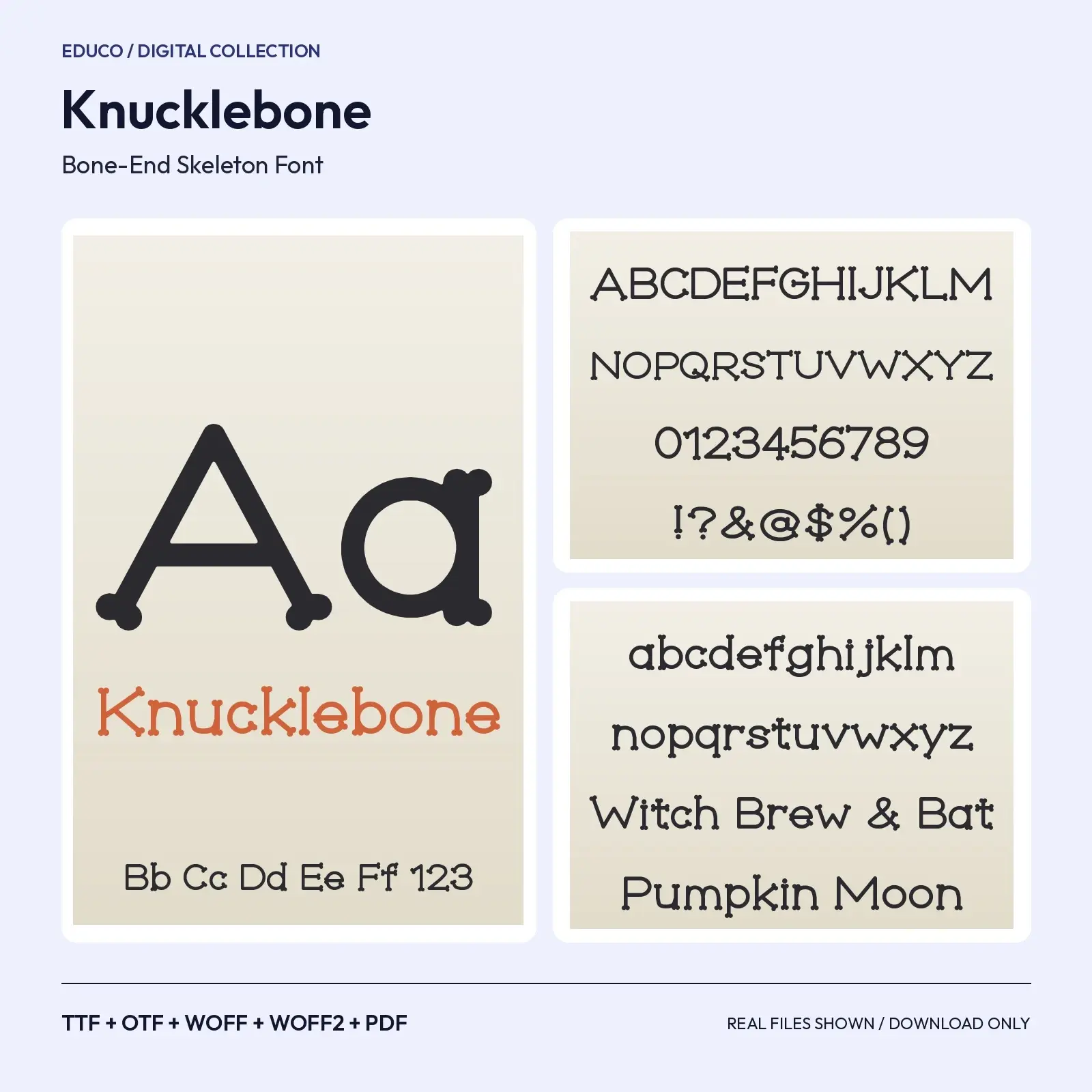 Knucklebone Bone-End Skeleton Font – TTF, OTF, WOFF, WOFF2 + Specimen PDF preview