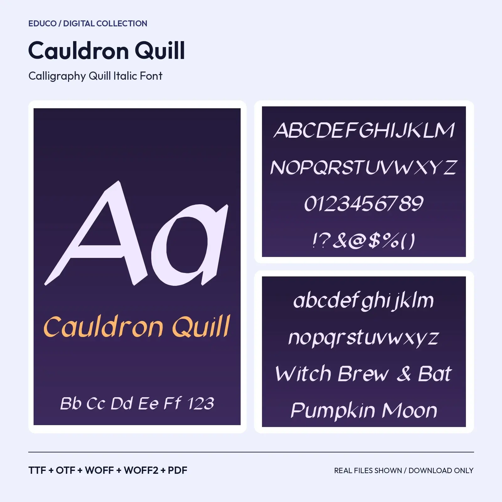 Cauldron Quill Calligraphy Quill Italic Font – TTF, OTF, WOFF, WOFF2 + Specimen PDF preview