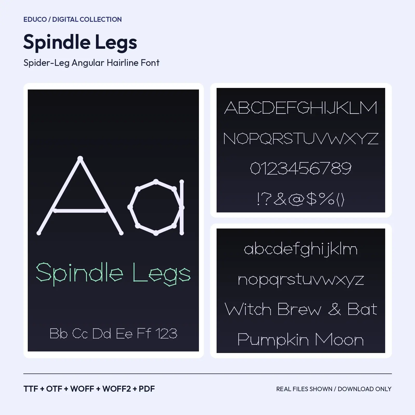 Spindle Legs Spider-Leg Angular Hairline Font – TTF, OTF, WOFF, WOFF2 + Specimen PDF preview