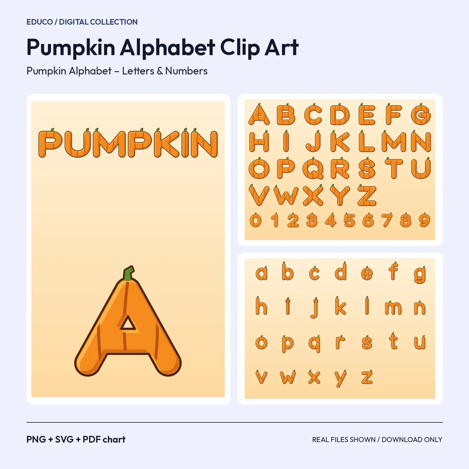 Jack-o'-Lantern Pumpkin Alphabet Clip Art – 62 Letters and Numbers, PNG + SVG preview