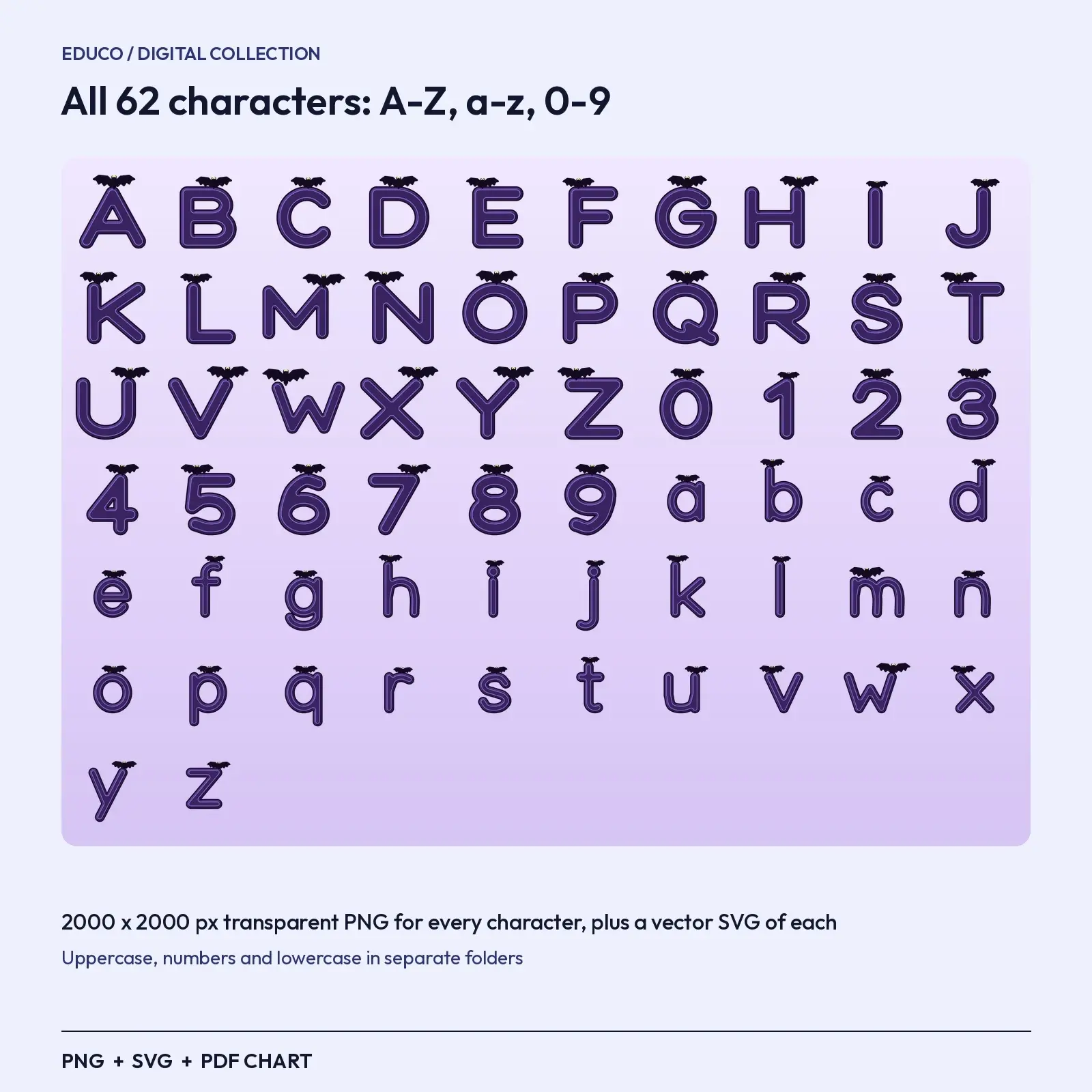 Bat Perch Gothic Alphabet Clip Art – Letters A–Z, a–z and 0–9 as PNG + SVG, preview 2 of 3