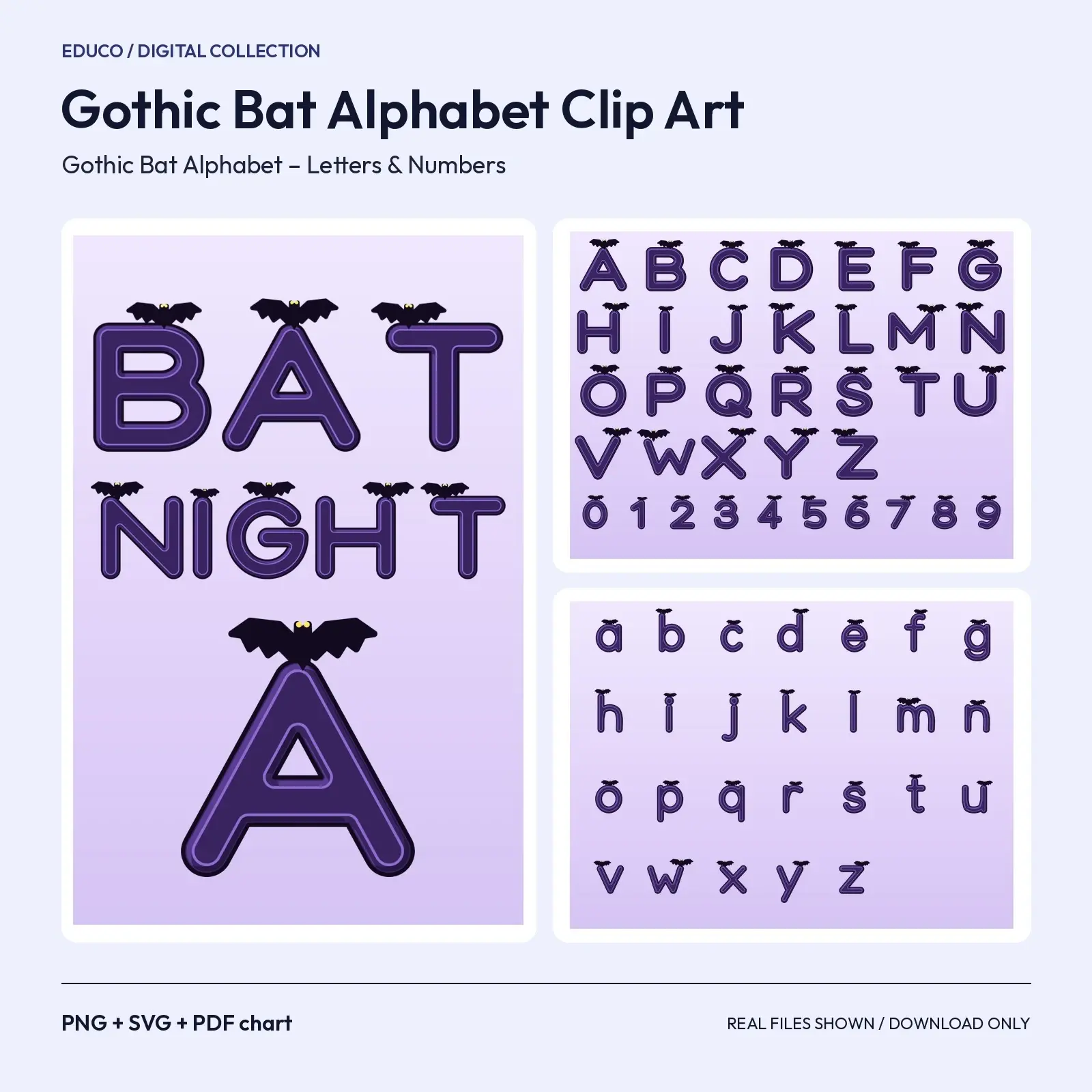 Bat Perch Gothic Alphabet Clip Art – Letters A–Z, a–z and 0–9 as PNG + SVG preview