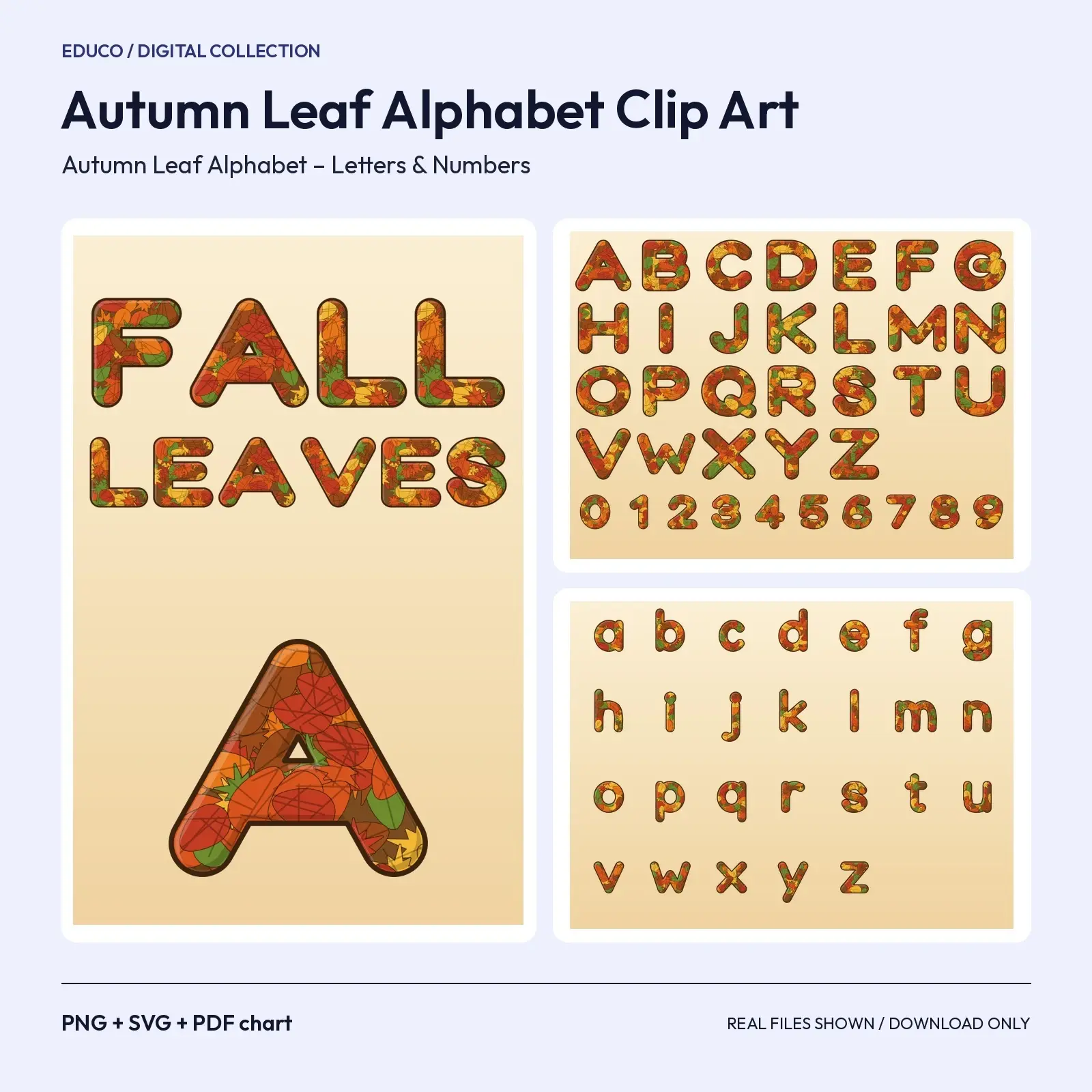 Autumn Leaf Pattern Alphabet Clip Art – 62 Fall Letters and Numbers, PNG + SVG preview