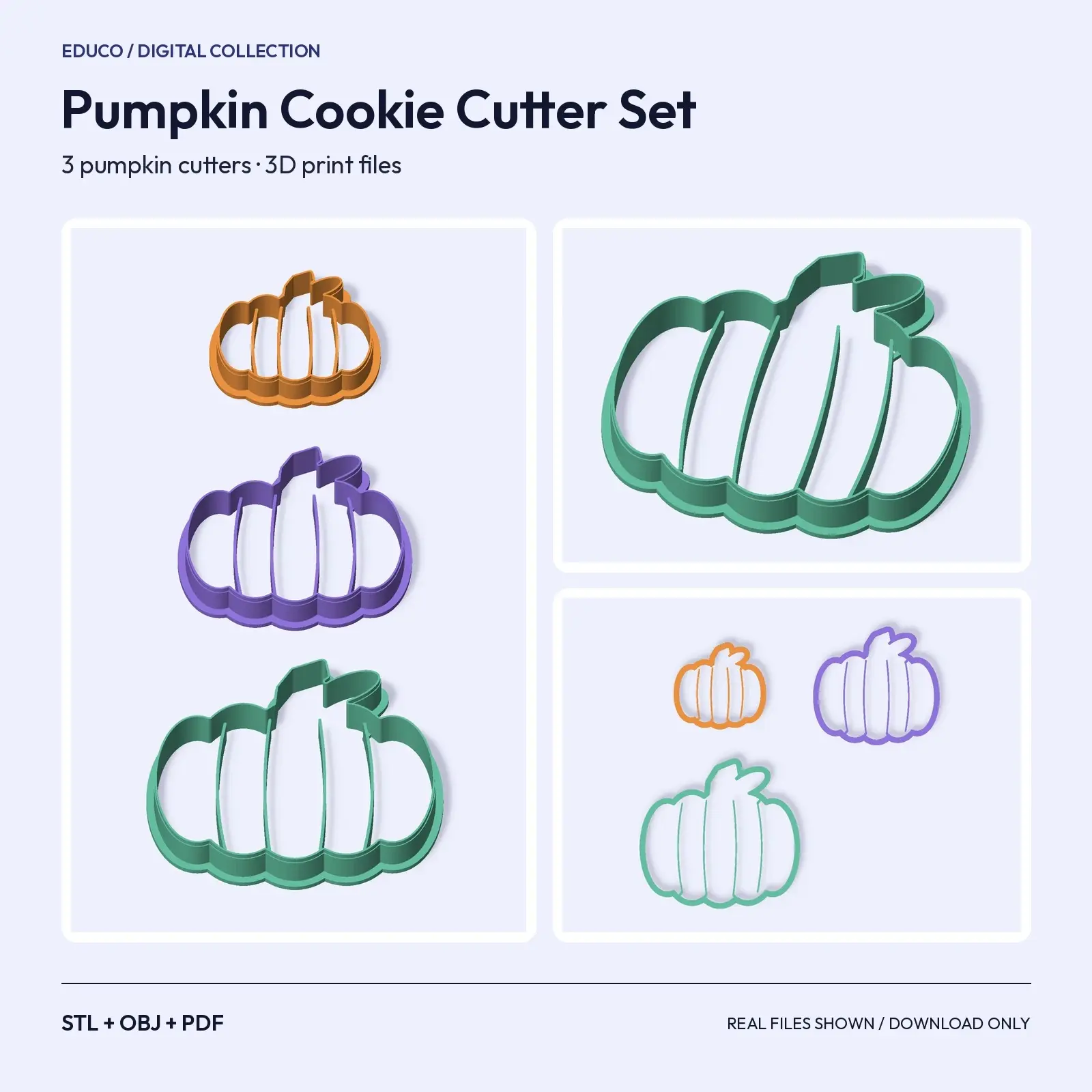 Pumpkin Cookie Cutter Set – 3 Nested Sizes, 3D Printable STL + OBJ, preview 1 of 4