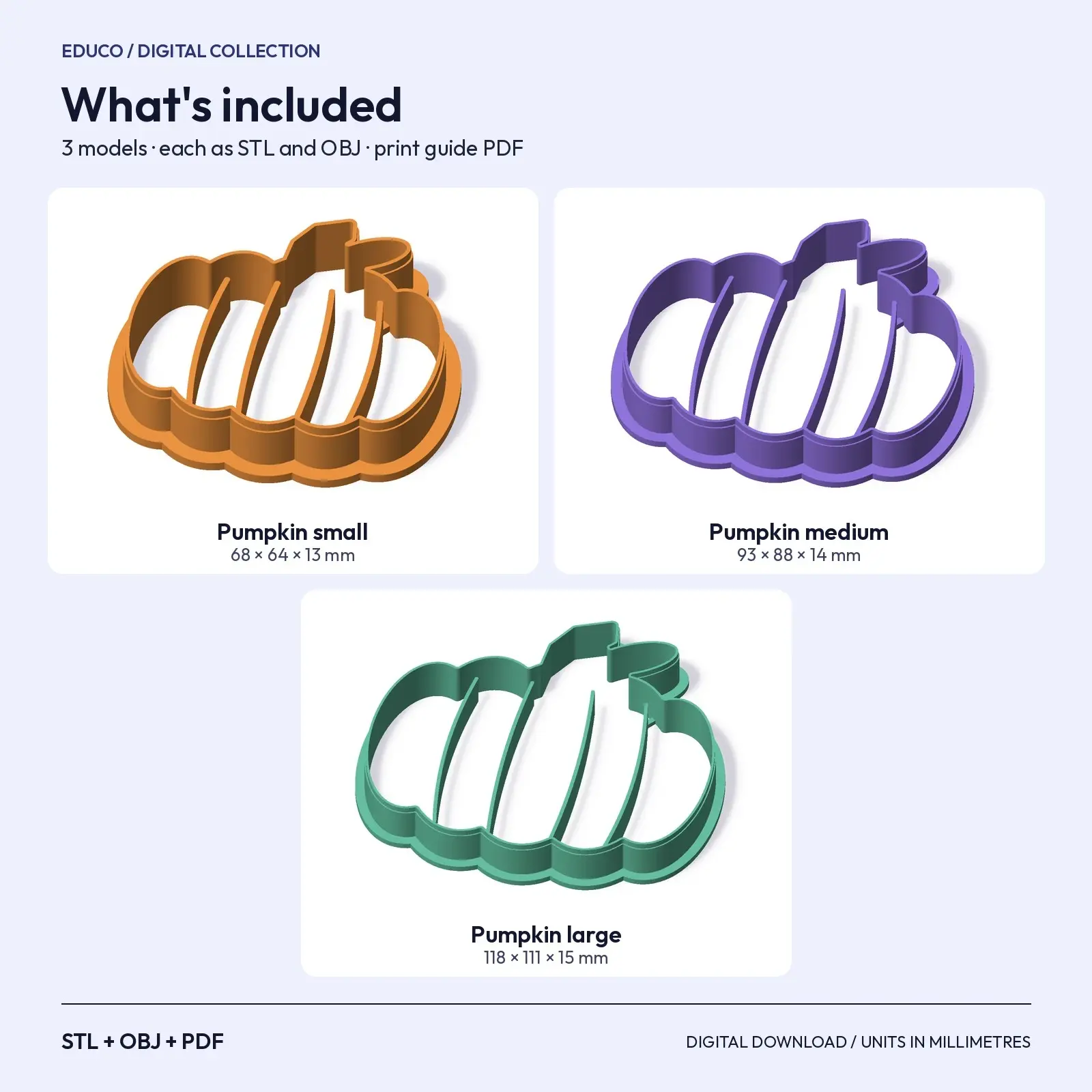 Pumpkin Cookie Cutter Set – 3 Nested Sizes, 3D Printable STL + OBJ, preview 3 of 4