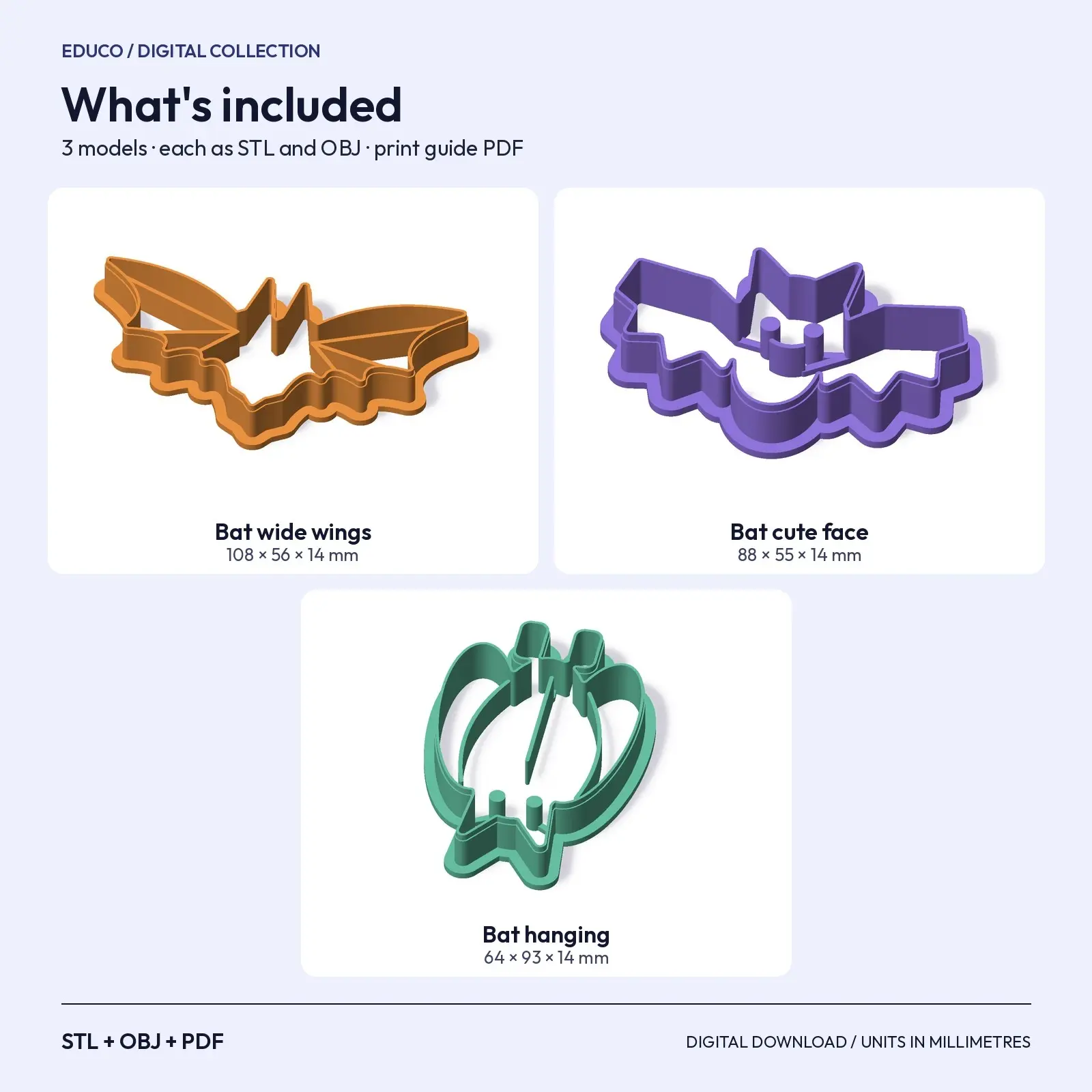 Bat Cookie Cutter Set – 3 Wing Styles for Spooky Party Cookies (STL + OBJ), preview 3 of 4