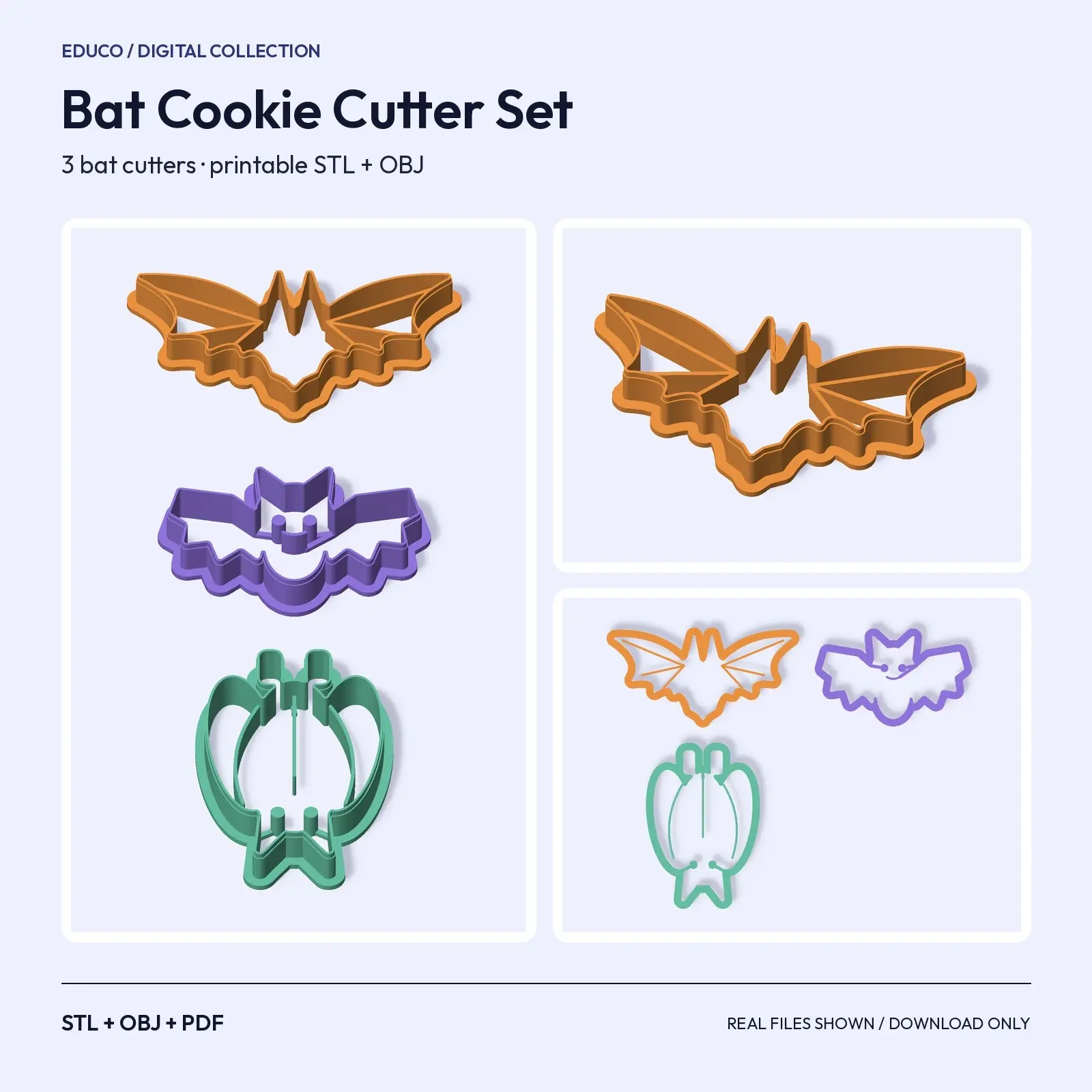 Bat Cookie Cutter Set – 3 Wing Styles for Spooky Party Cookies (STL + OBJ) preview