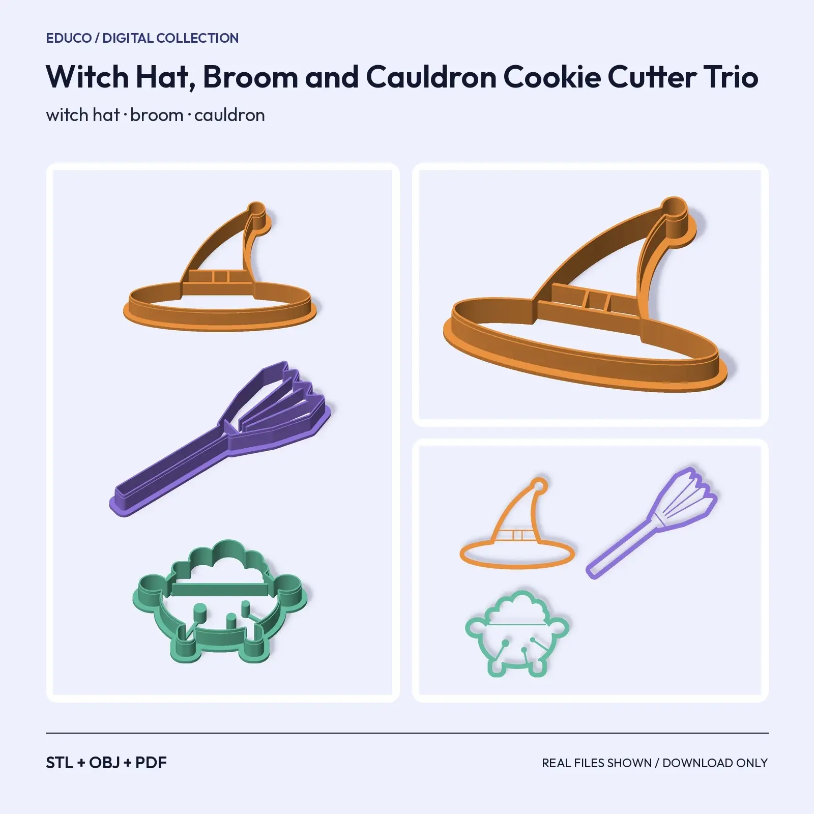 Witch Hat, Broom and Cauldron Cookie Cutter Trio – 3D Print STL Files preview
