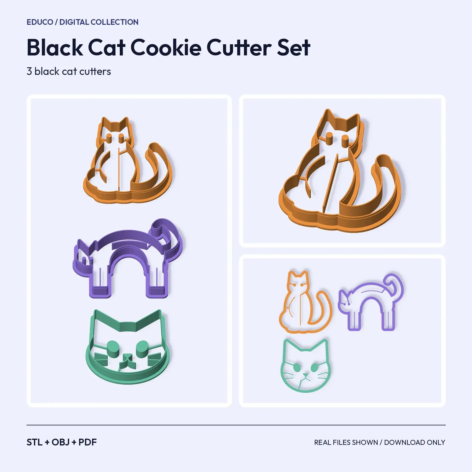 Black Cat Cookie Cutter Set – Sitting, Arched and Face, STL + OBJ preview