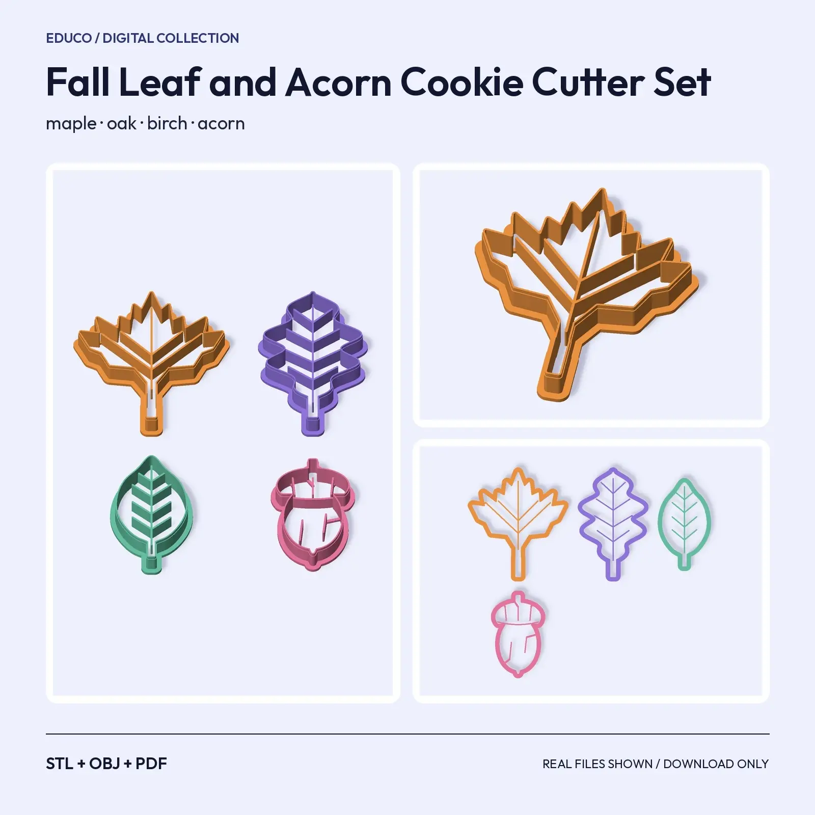 Fall Leaf and Acorn Cookie Cutter Set – Maple, Oak, Birch, Acorn (STL + OBJ) preview