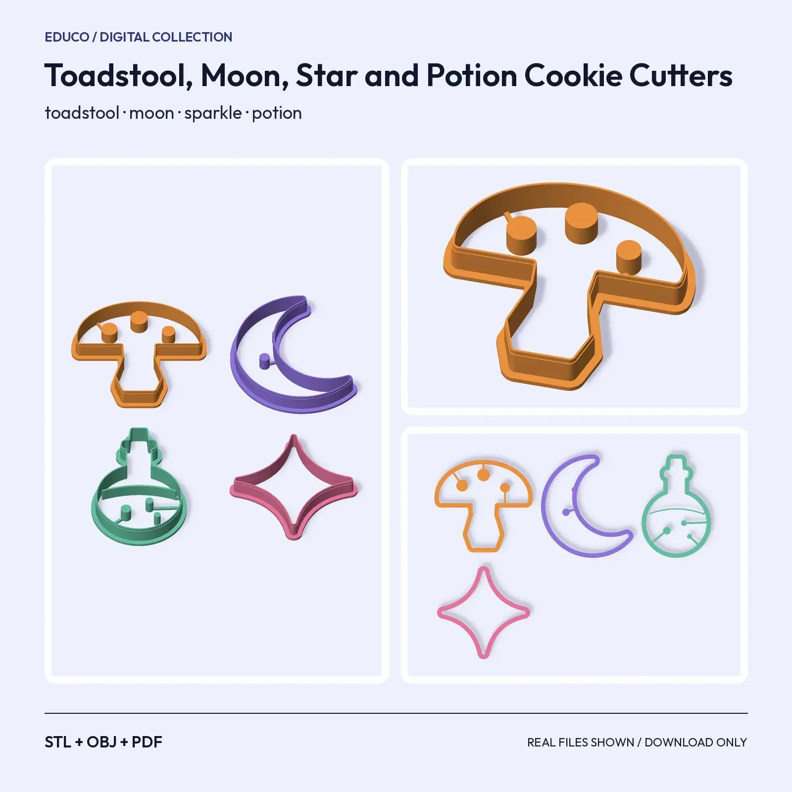 Toadstool, Moon, Star and Potion Cookie Cutters – 4 Witchy Shapes for 3D Printing preview