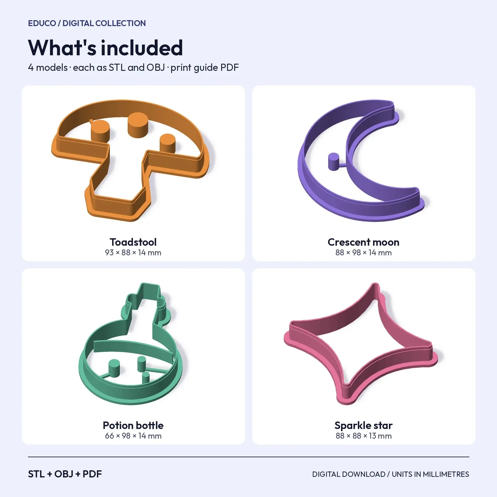 Toadstool, Moon, Star and Potion Cookie Cutters – 4 Witchy Shapes for 3D Printing, preview 3 of 4