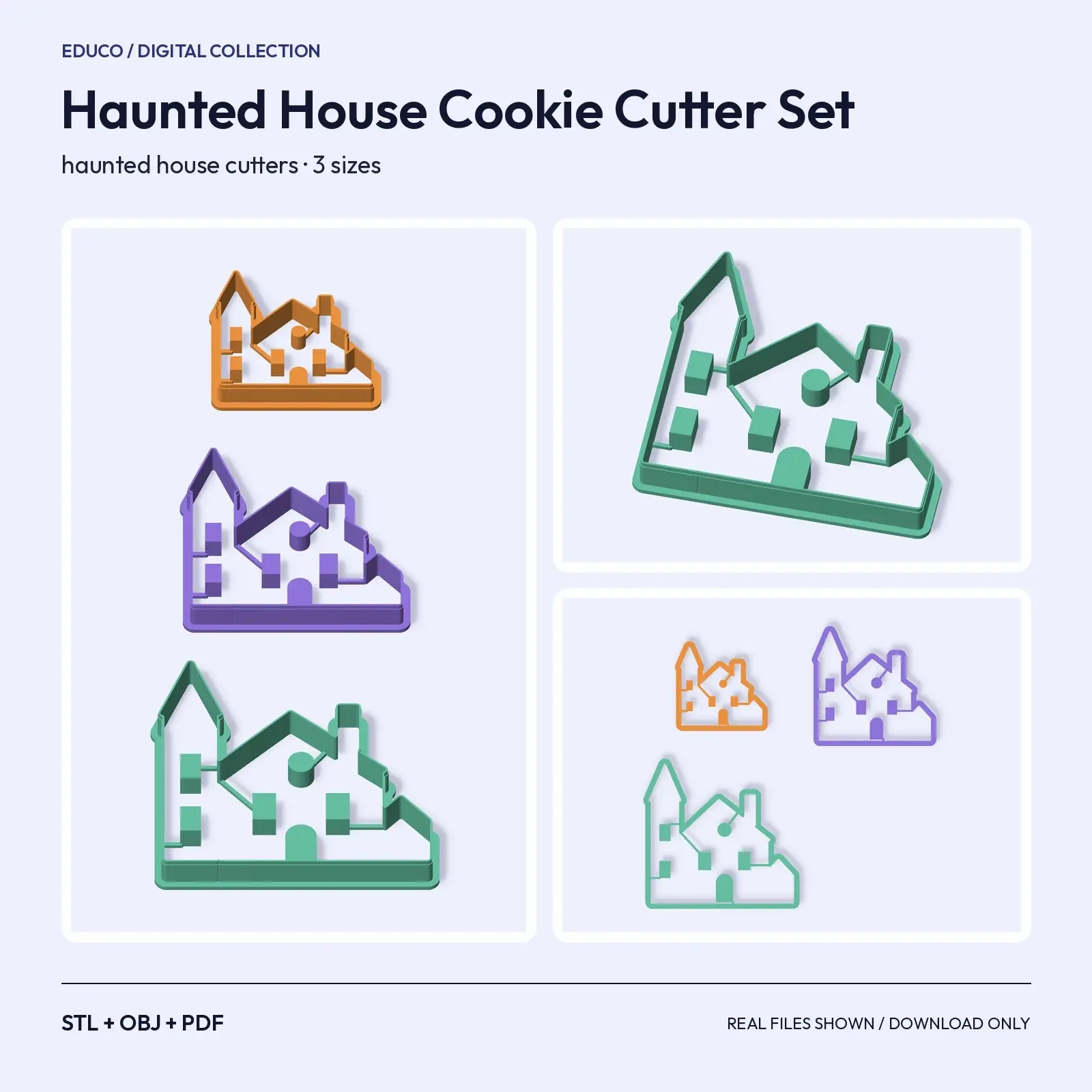 Haunted House Cookie Cutter Set – 3 Sizes with Window Imprints, STL + OBJ preview