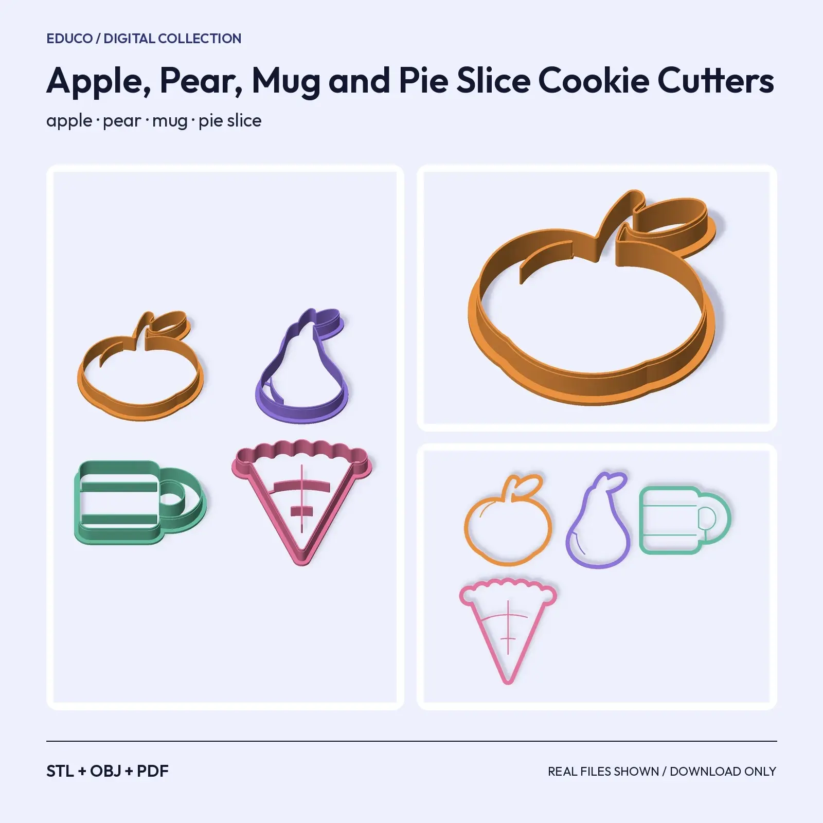 Apple, Pear, Mug and Pie Slice Cookie Cutters – Cozy Autumn Bake Set, STL + OBJ preview