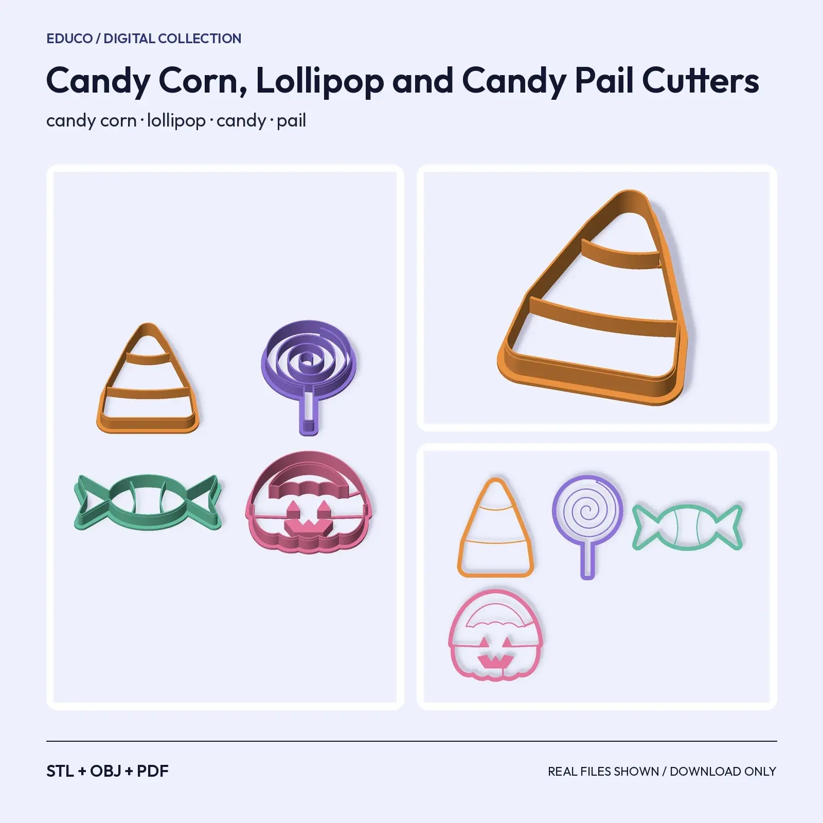 Candy Corn, Lollipop and Wrapped Candy Cutters Plus Trick-or-Treat Pail – 4 STL Files preview