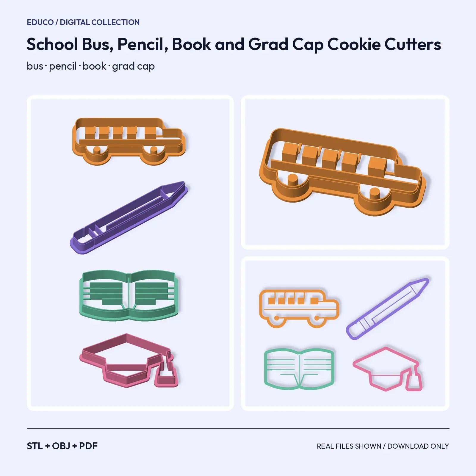 School Bus, Pencil, Book and Grad Cap Cookie Cutters – 4 Teacher Gift Shapes (STL) preview