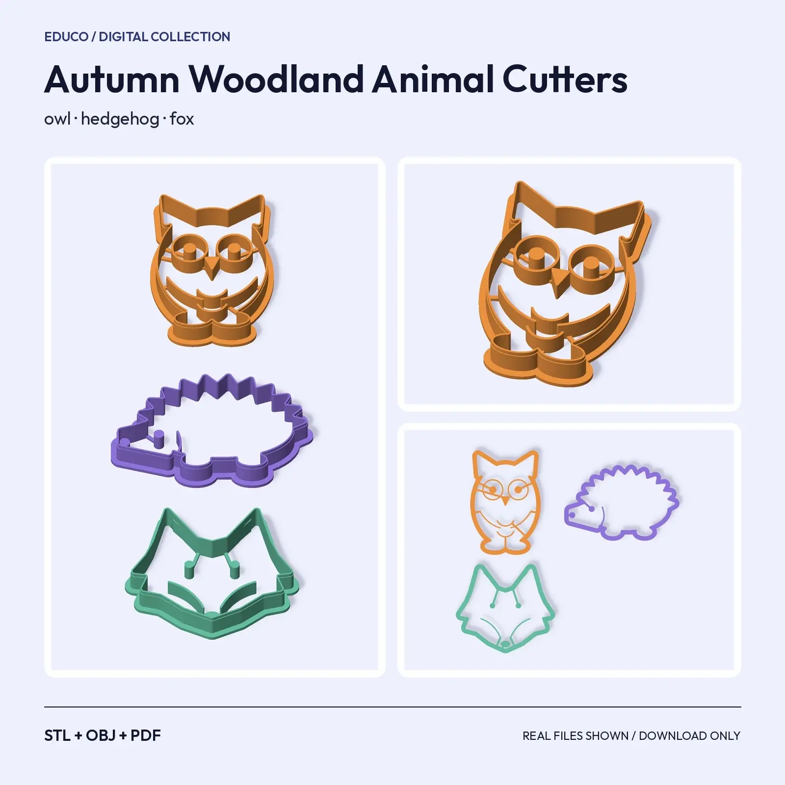 Autumn Woodland Animal Cutters for Cookies and Play-Dough – Owl, Hedgehog, Fox (STL) preview
