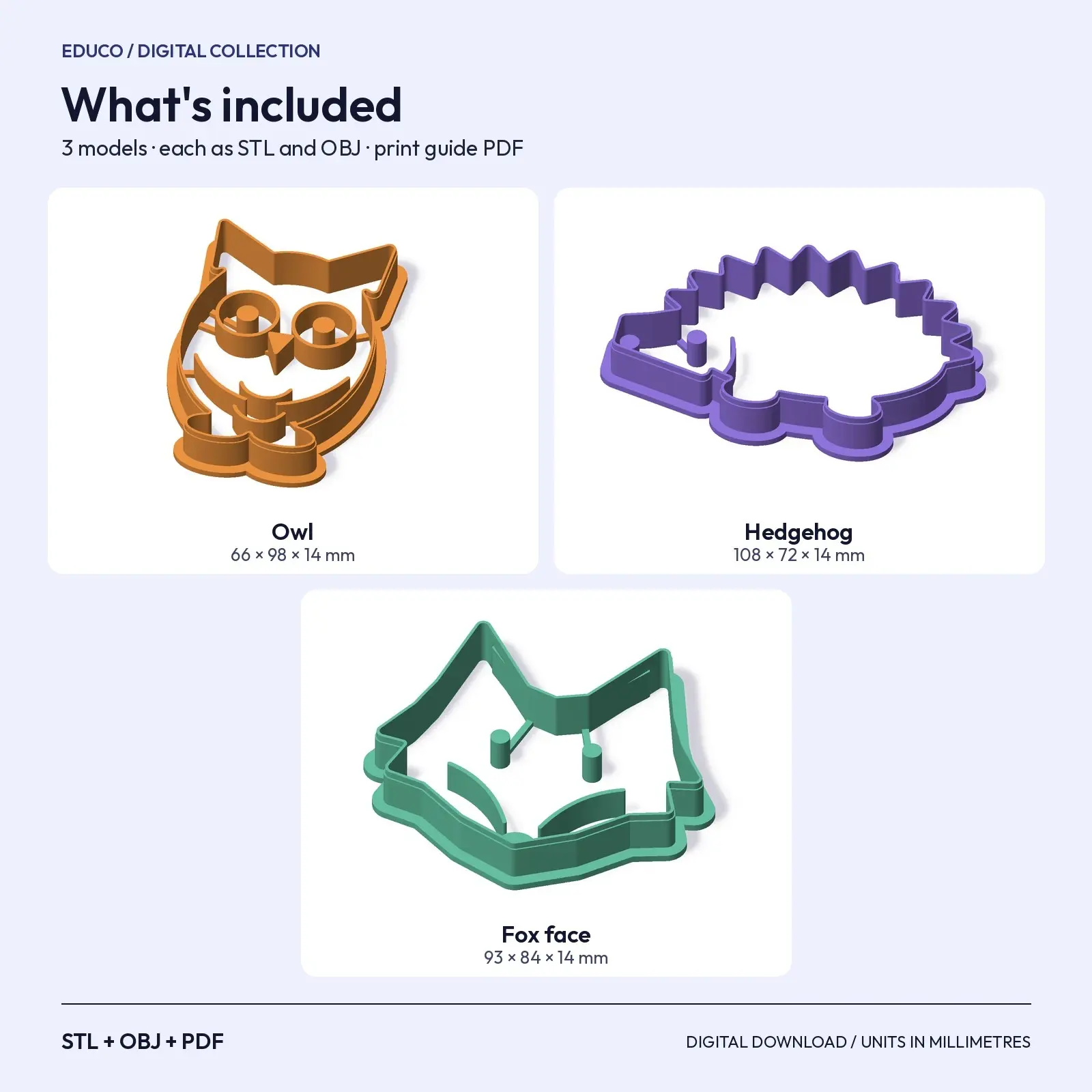 Autumn Woodland Animal Cutters for Cookies and Play-Dough – Owl, Hedgehog, Fox (STL), preview 3 of 4